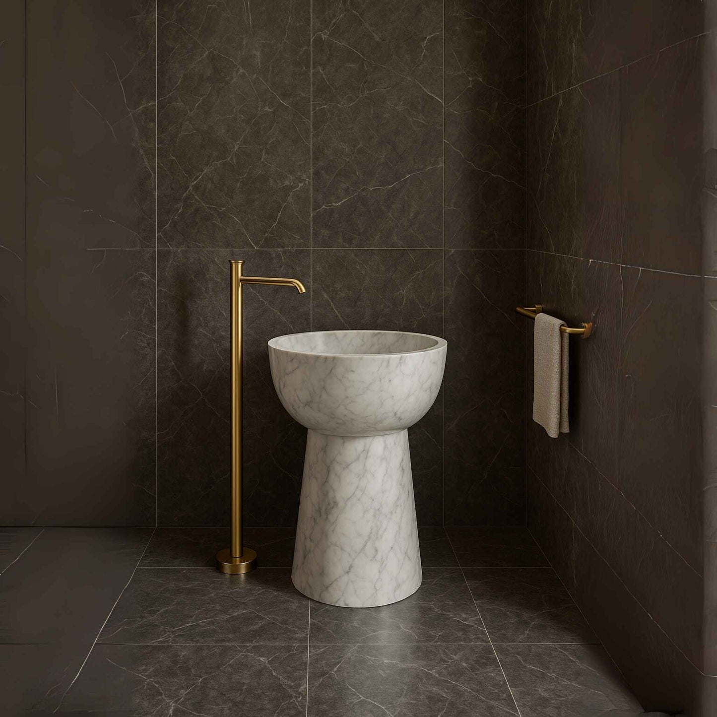 Full bathroom interior with floor-mounted brushed gold faucet and pedestal basin