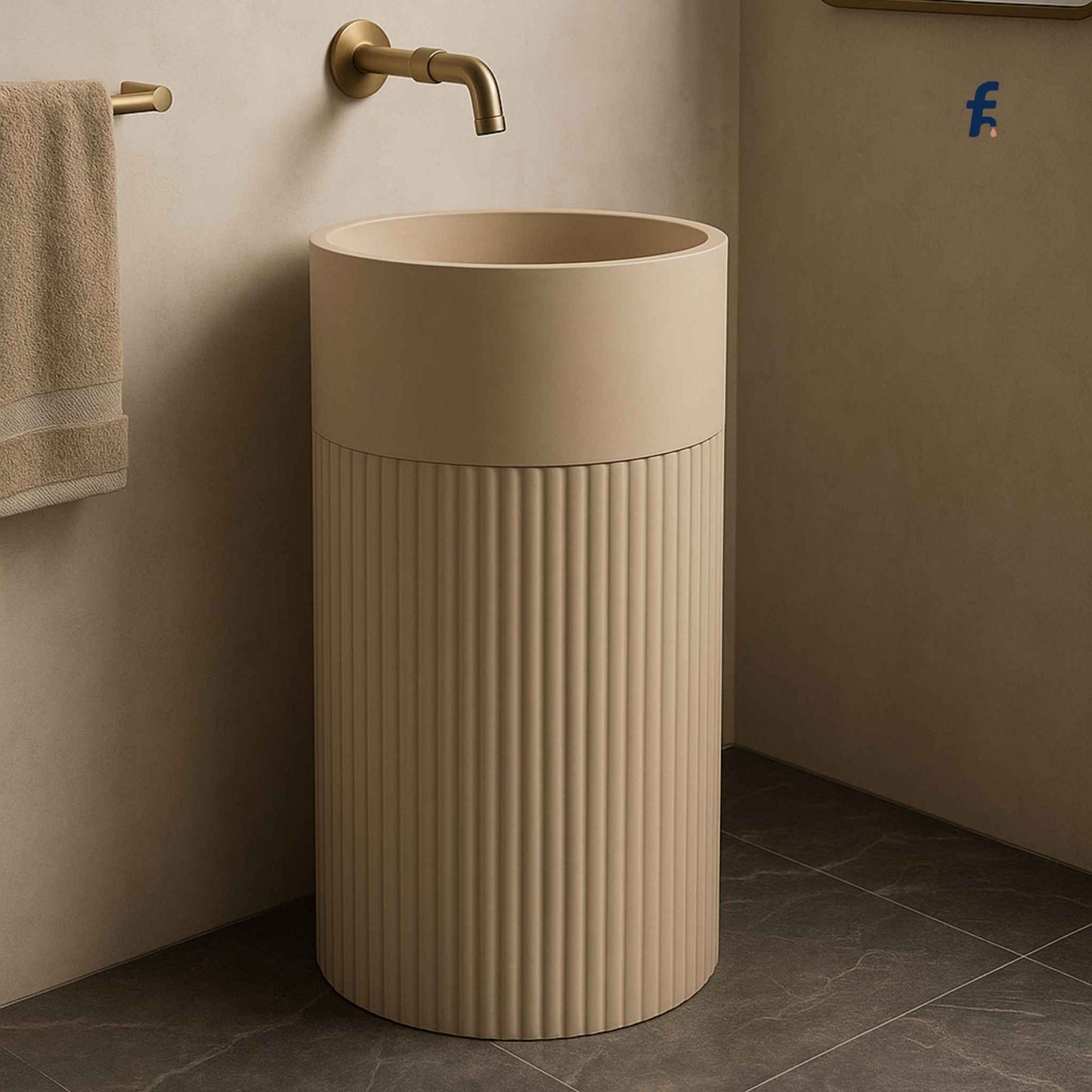 Beige freestanding sink against a beige wall with a towel rack and faucet.