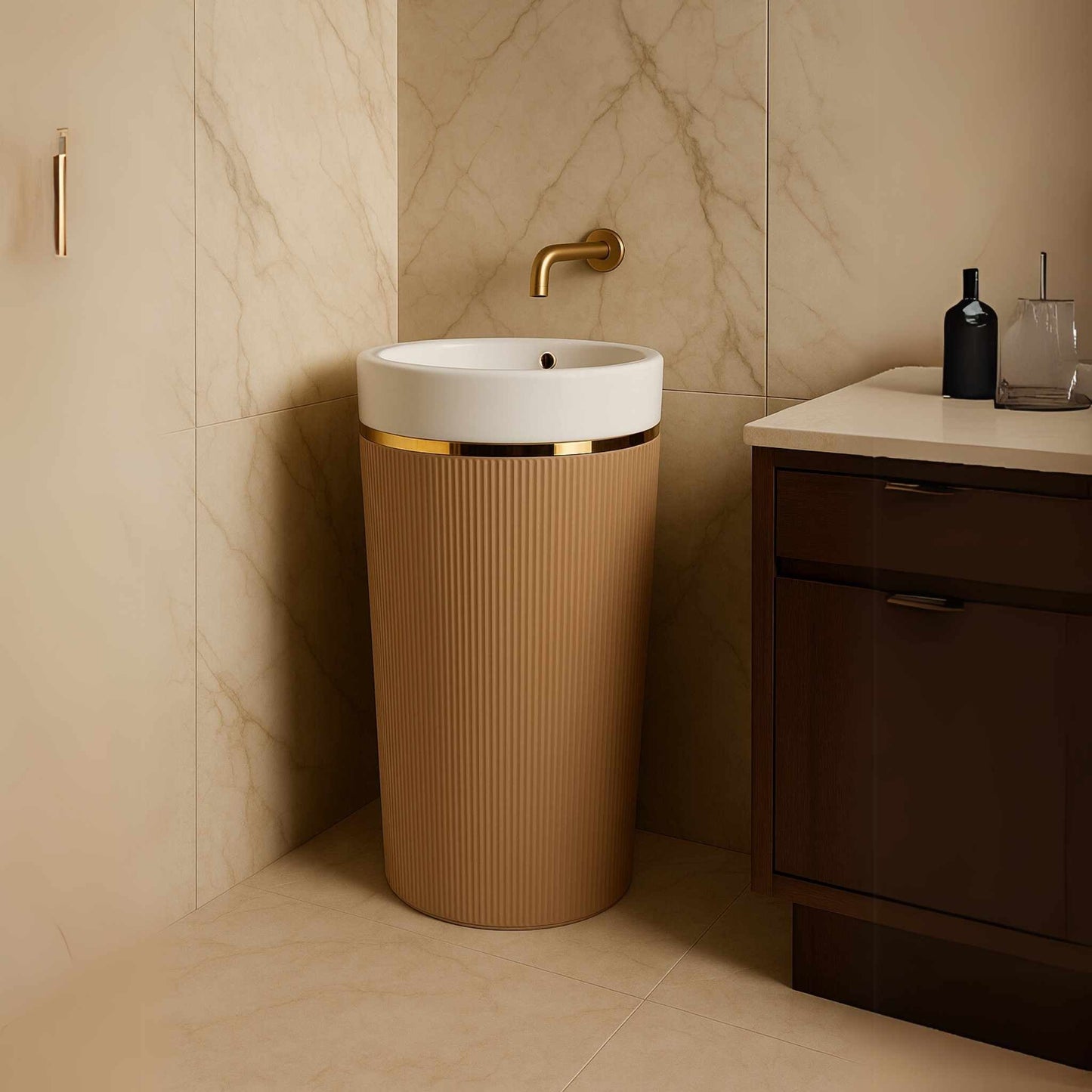 Beige ribbed pedestal washbasin with white top for luxury bathrooms
