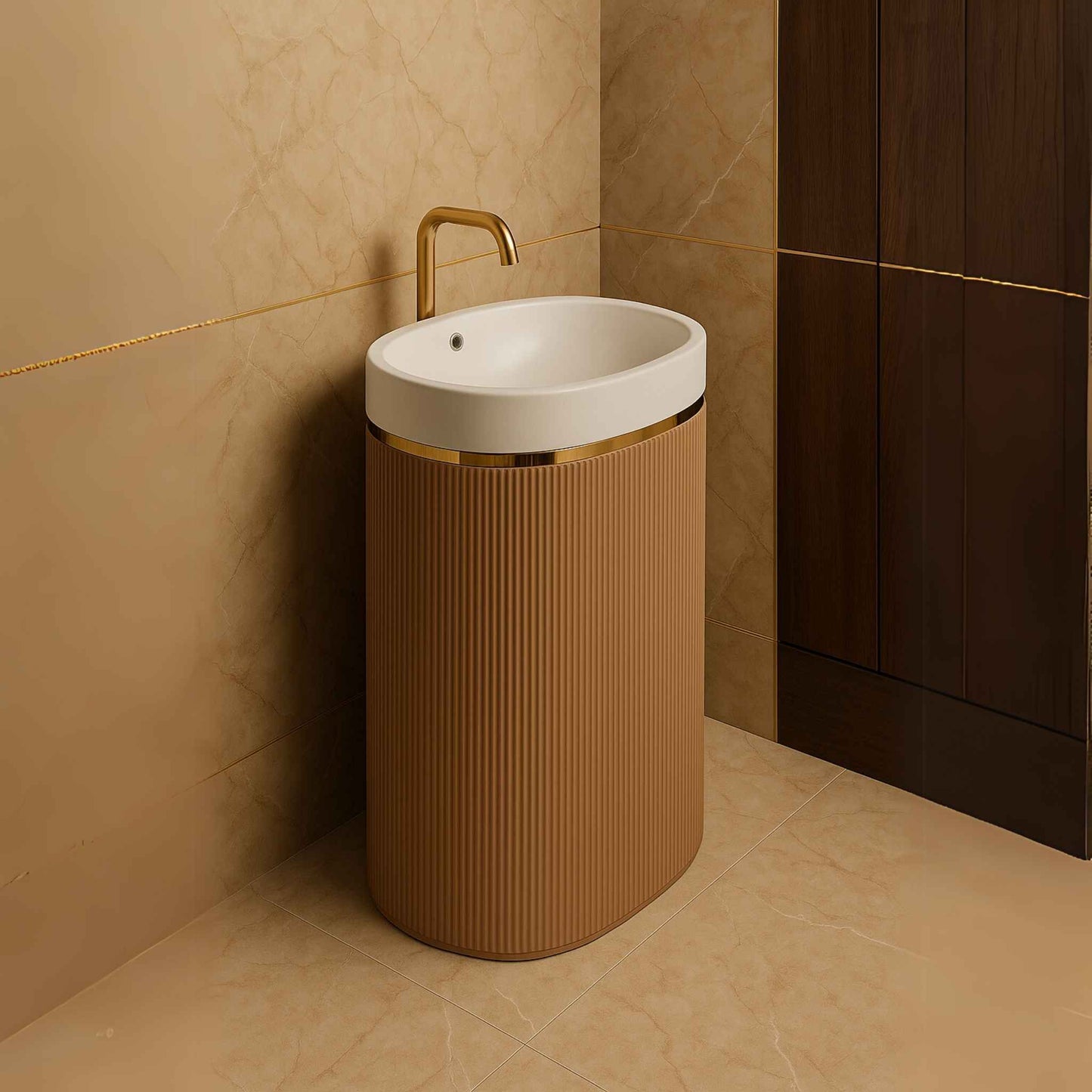 Beige ribbed pedestal washbasin with white top for luxury bathrooms side angle