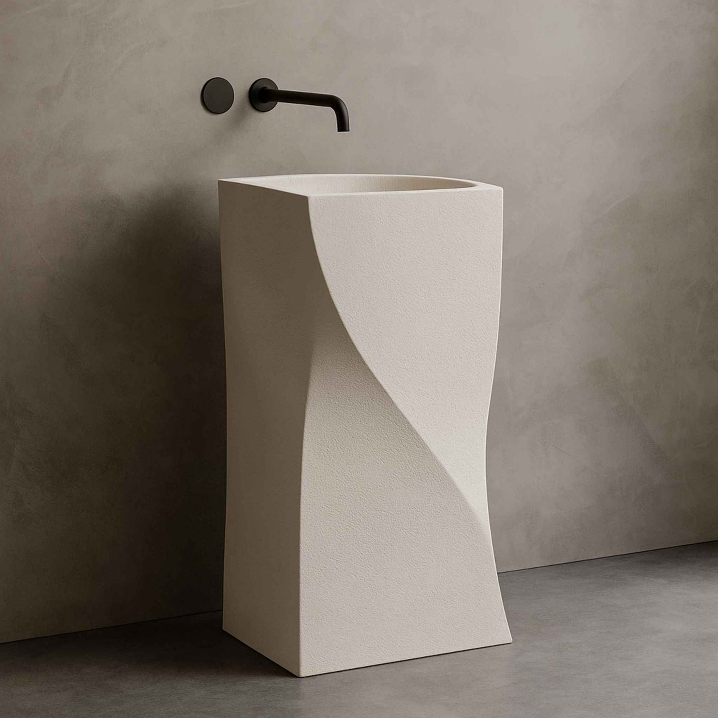 Side profile of beige freestanding basin with artistic contours
