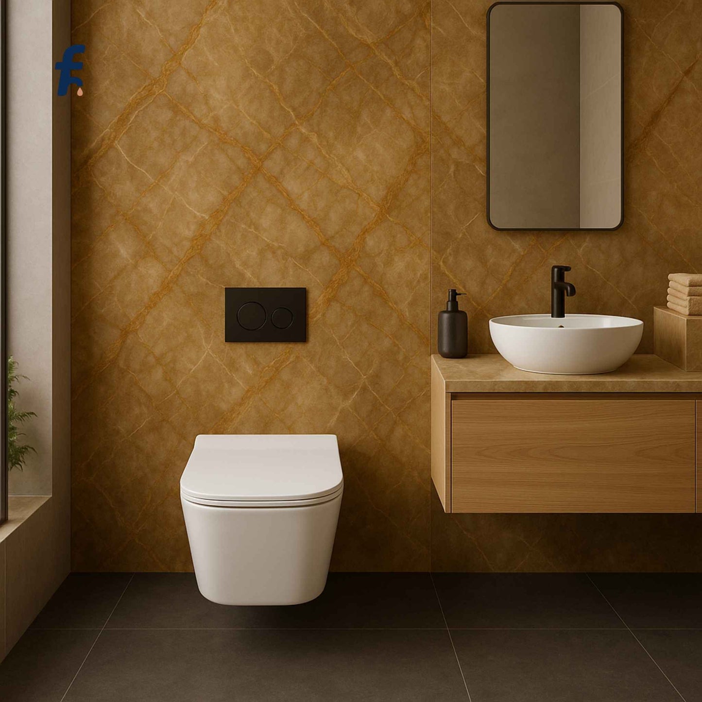 Modern bathroom with a toilet, sink, and decorative wall.