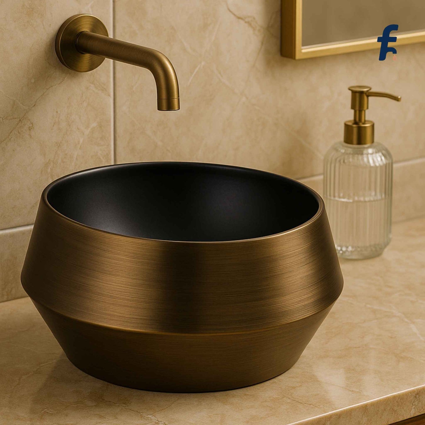 Side close-up view of designer round antique wash basin in elegant bathroom