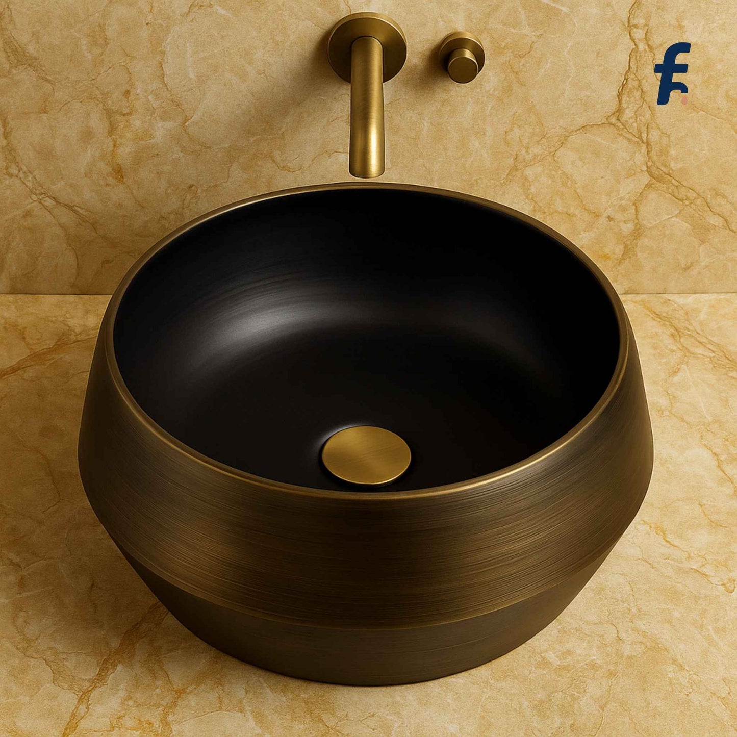 Top angle view of round vessel-style black tabletop basin with antique finish