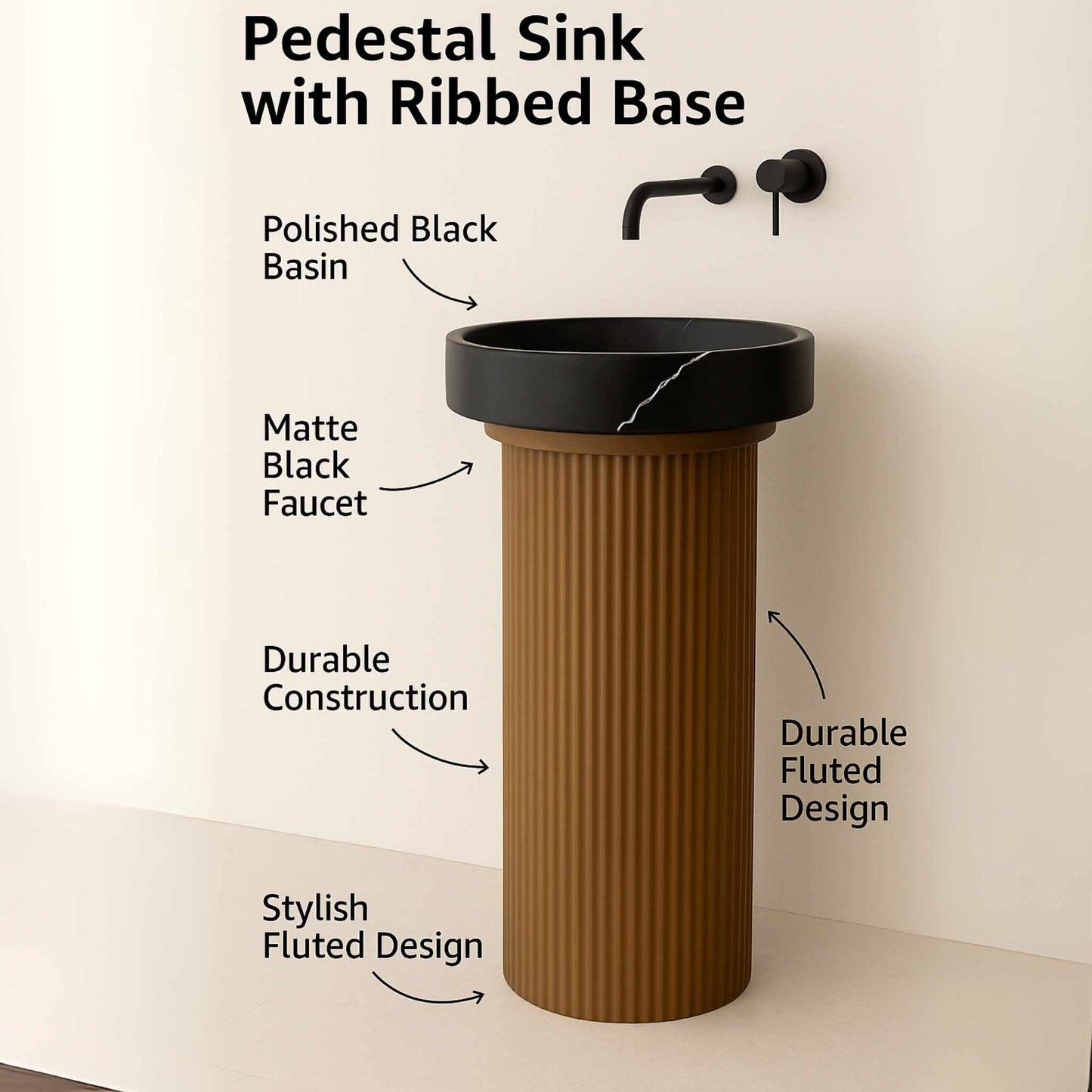 Matte Black & Brown Fluted Pedestal Wash Basin – Contemporary Bold Design (480x480x860mm)
