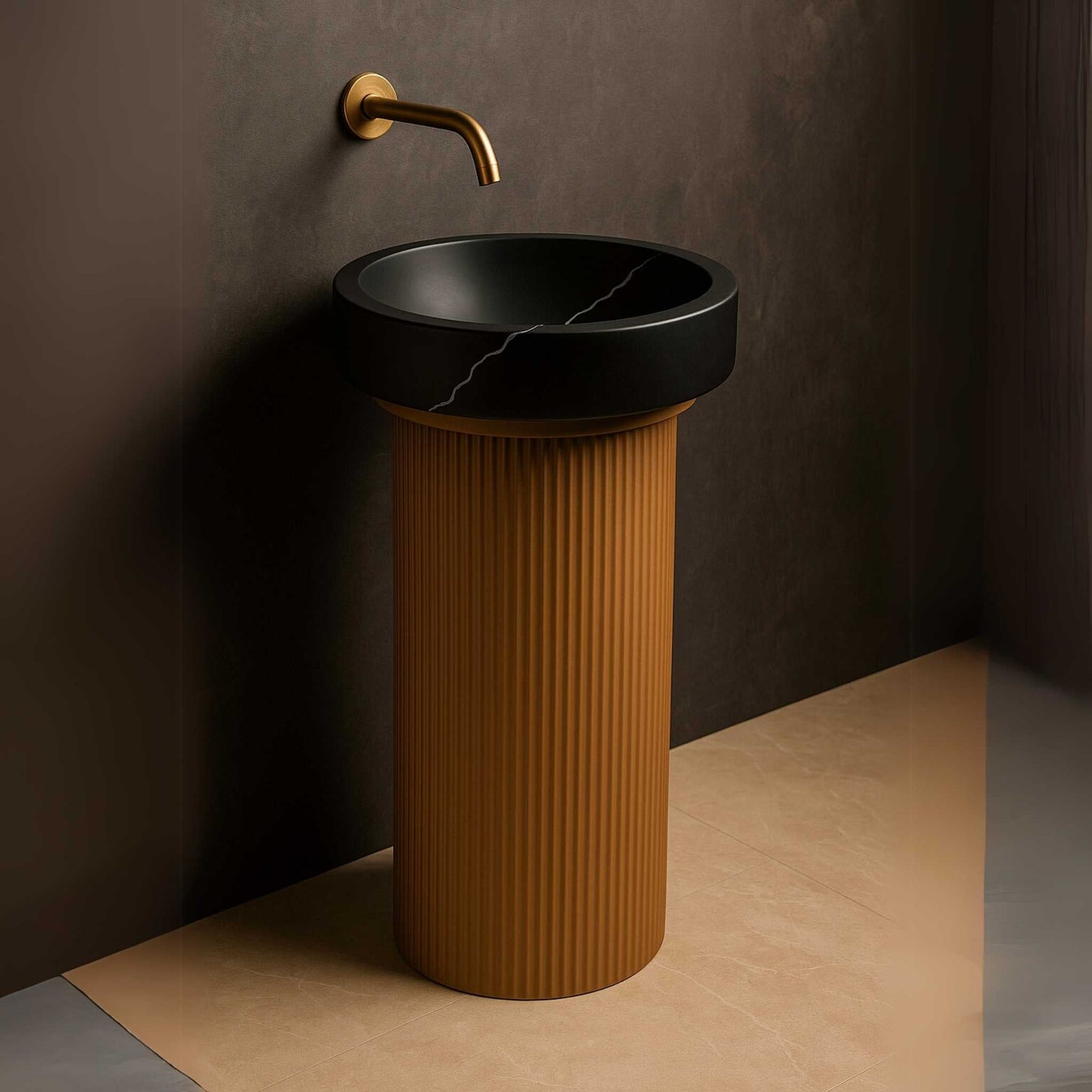 Side angle showing fluted brown pedestal with wall-mounted faucet