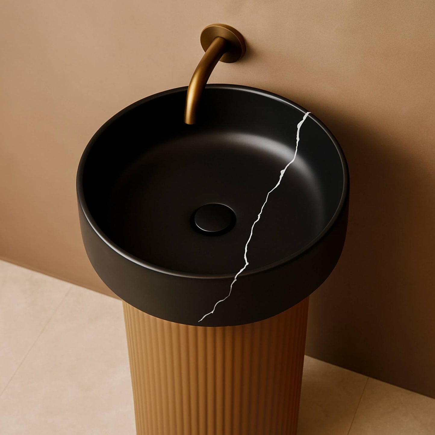 Top angle view of matte black circular bowl with white vein detail