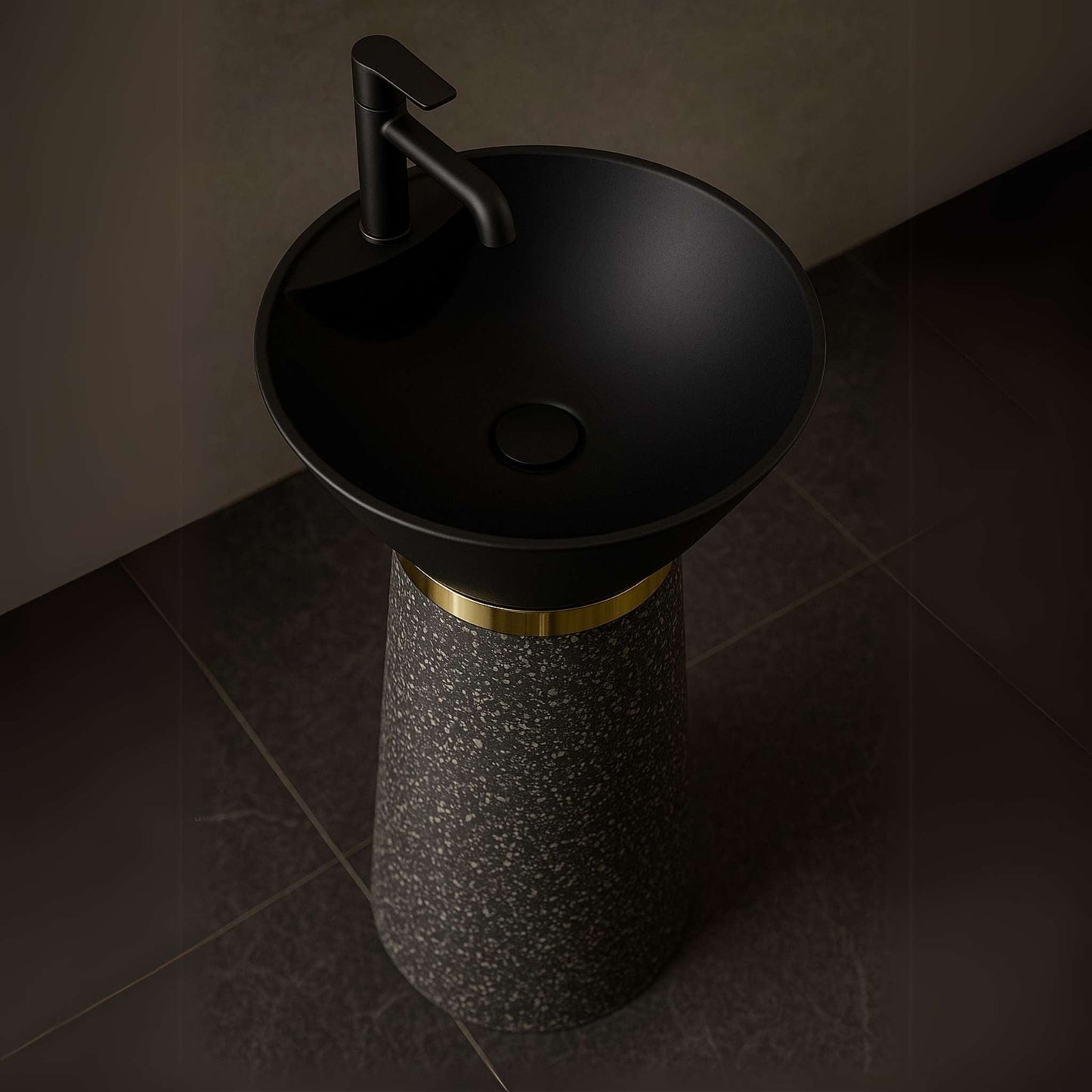 Top view of matte black cone wash basin with granite pedestal
