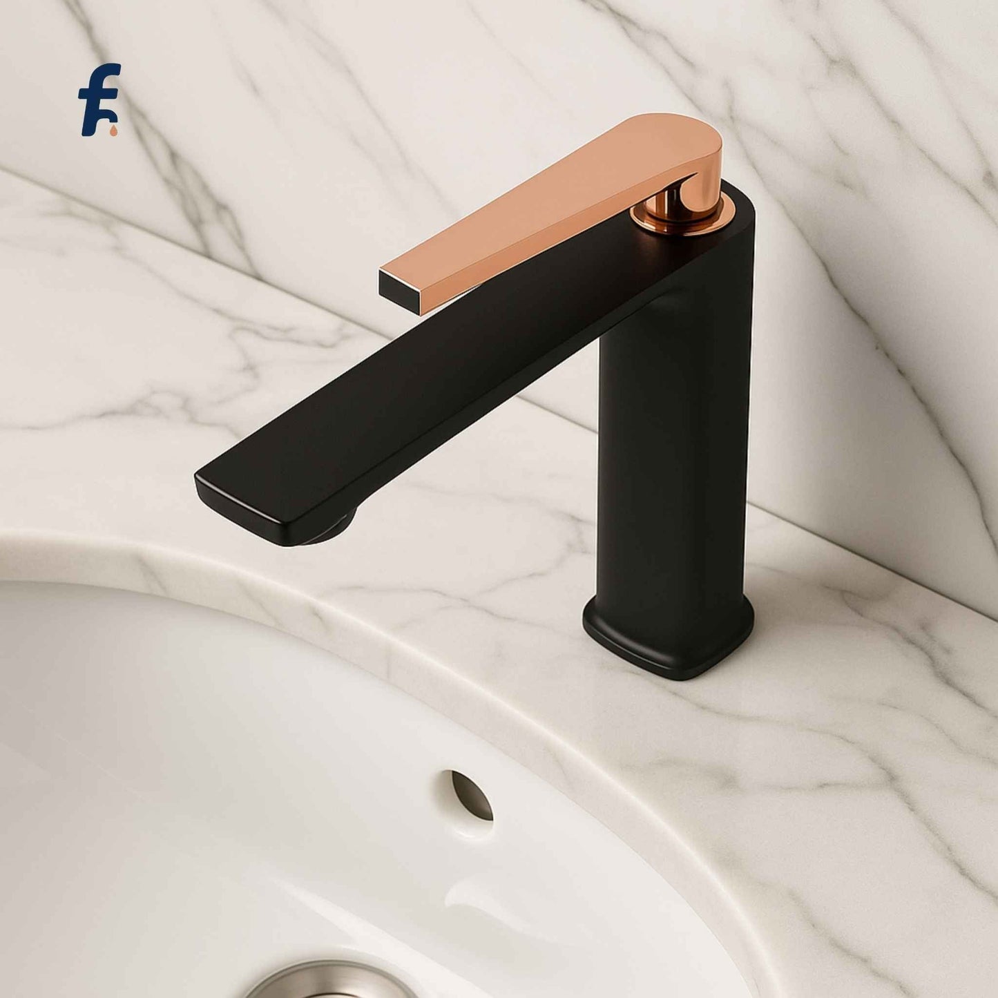 Black and rose gold faucet on a marble countertop, Top angle view of black and rose gold bathroom tap