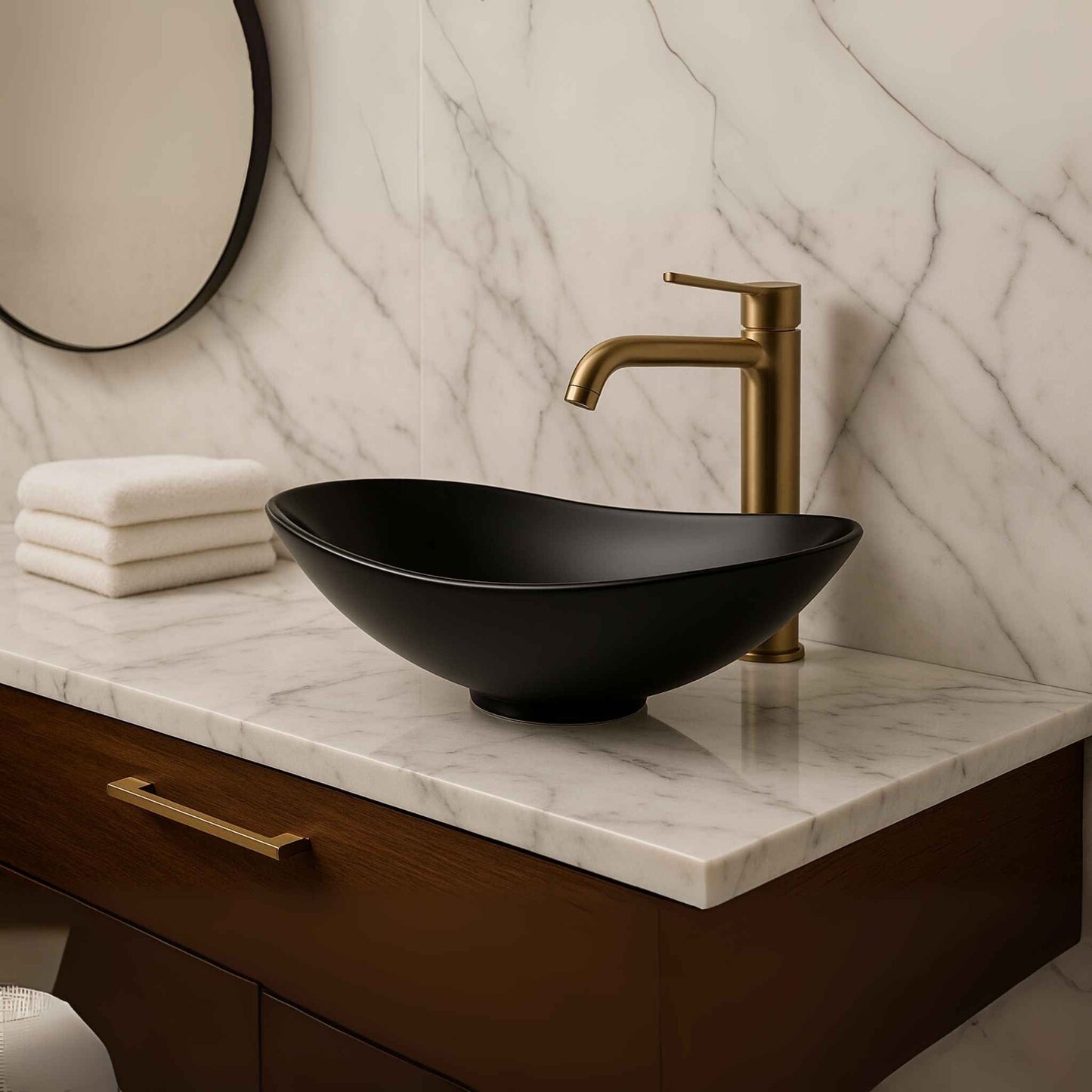Close-up shot of matte black oval glass wash basin showing smooth contours and designer finish