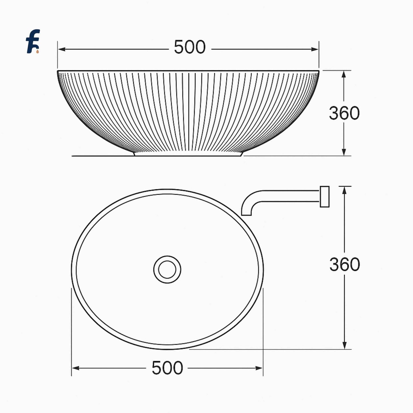 Technical drawing of a round sink with dimensions labeled