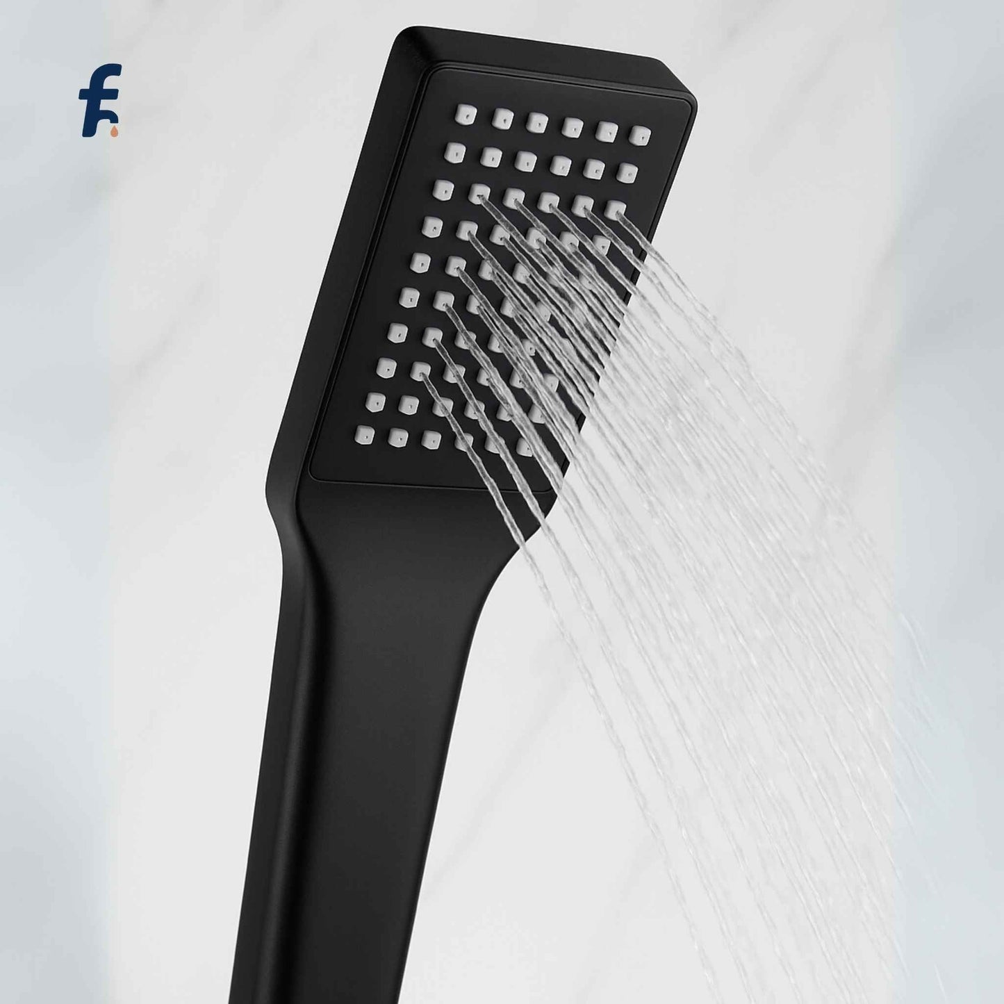 Black shower head with water flowing against a white background, Chrome handheld shower head in matte black panel spraying water