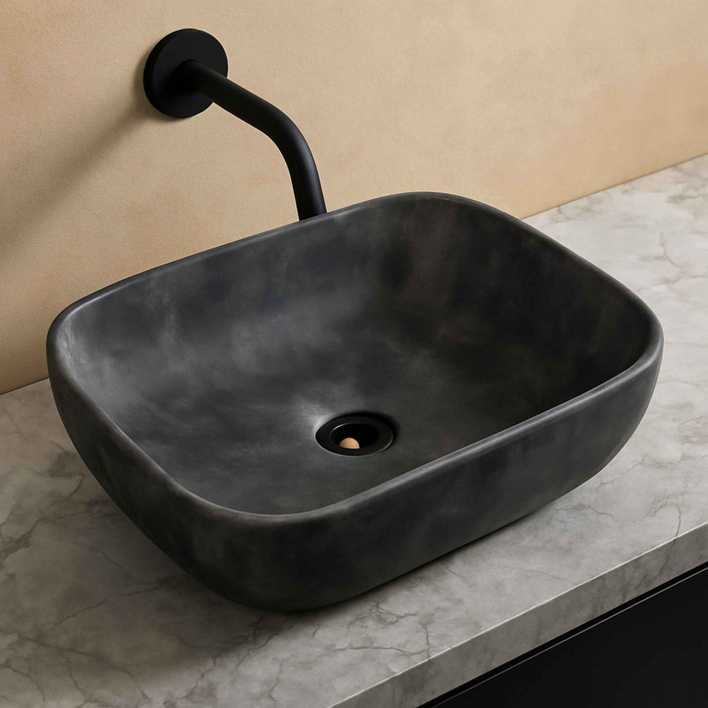 top view of matte black wash basin on luxury bathroom countertop