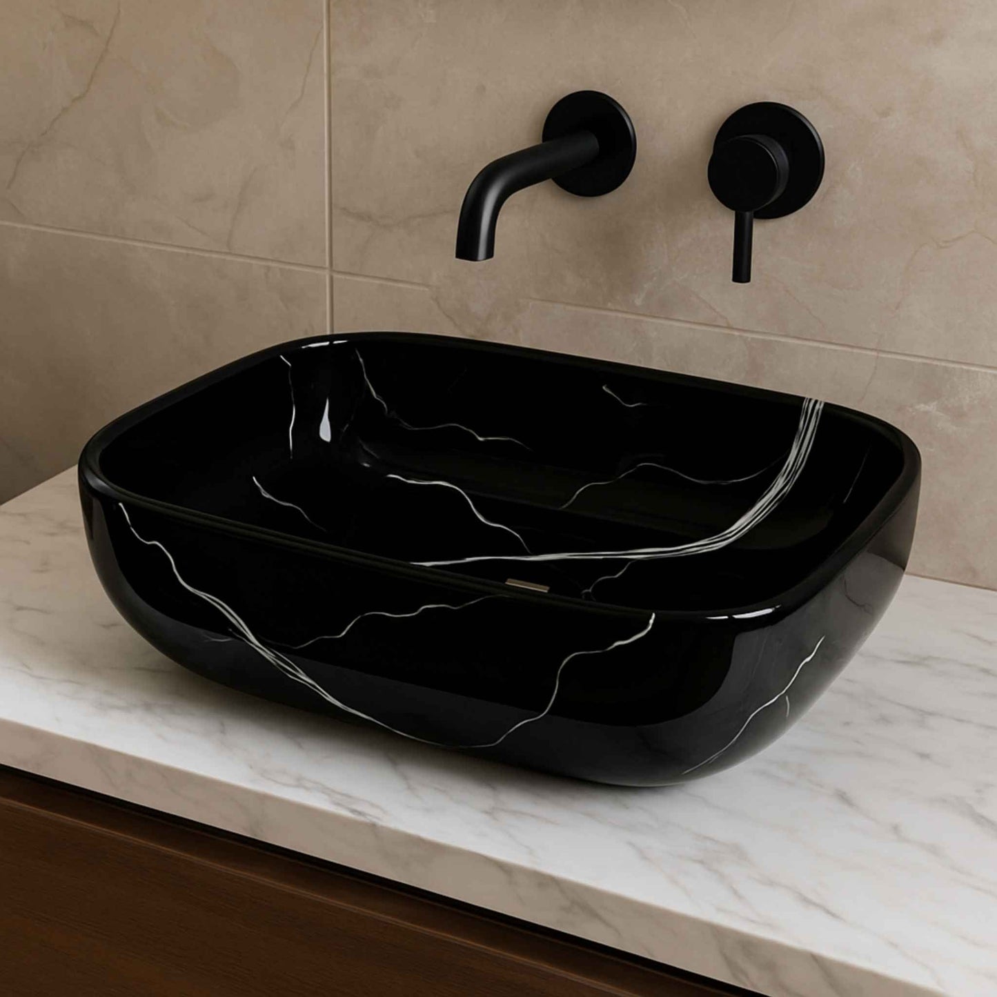 Side view of bold black marble wash basin on white vanity with lightning pattern veins