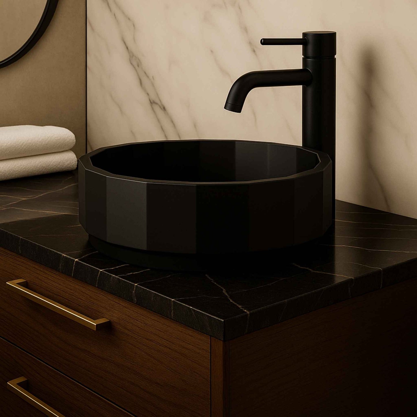 Front view of matte black metallic wash basin with flat base on a luxury vanity.