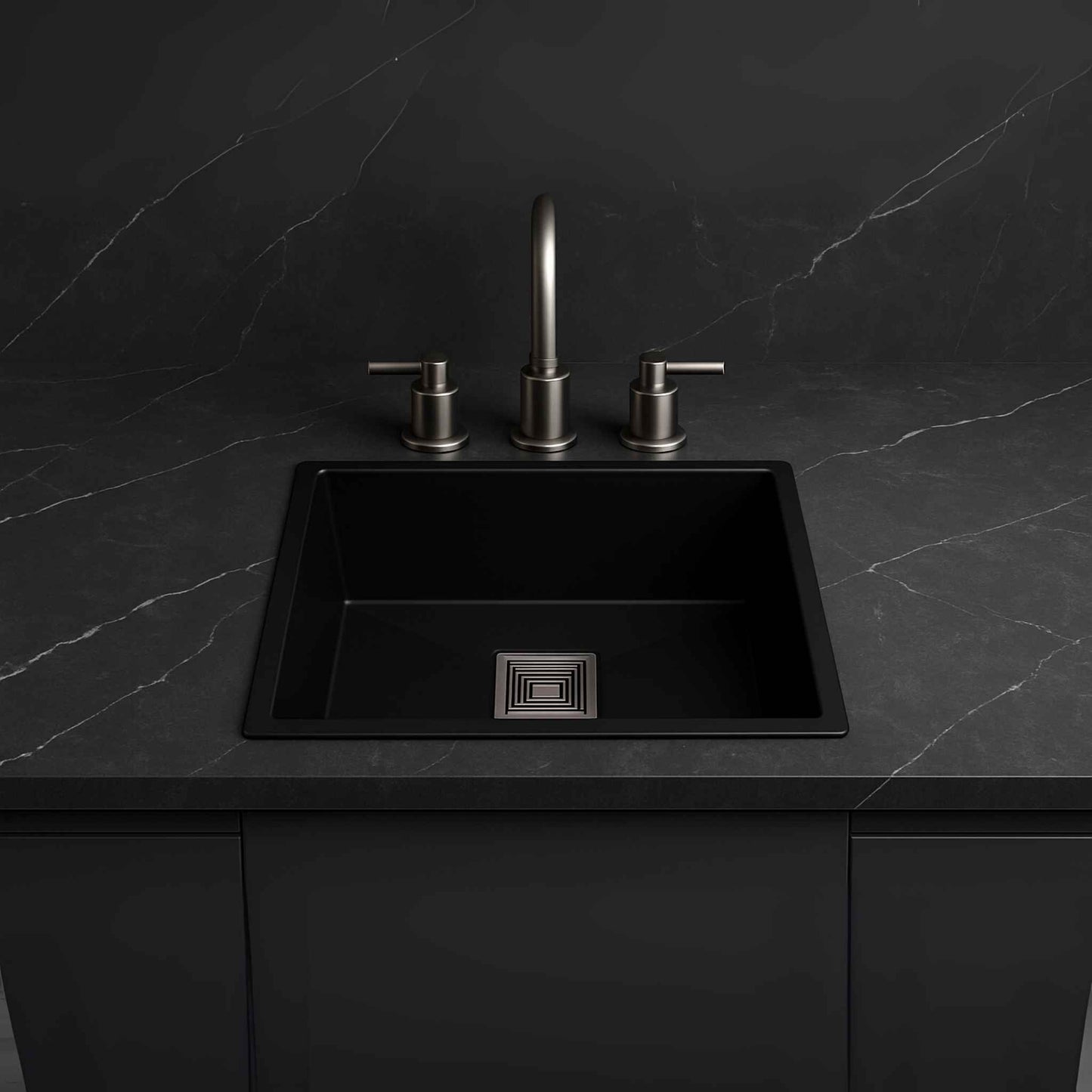 Full kitchen view with black metallic sink and Calcutta marble countertop