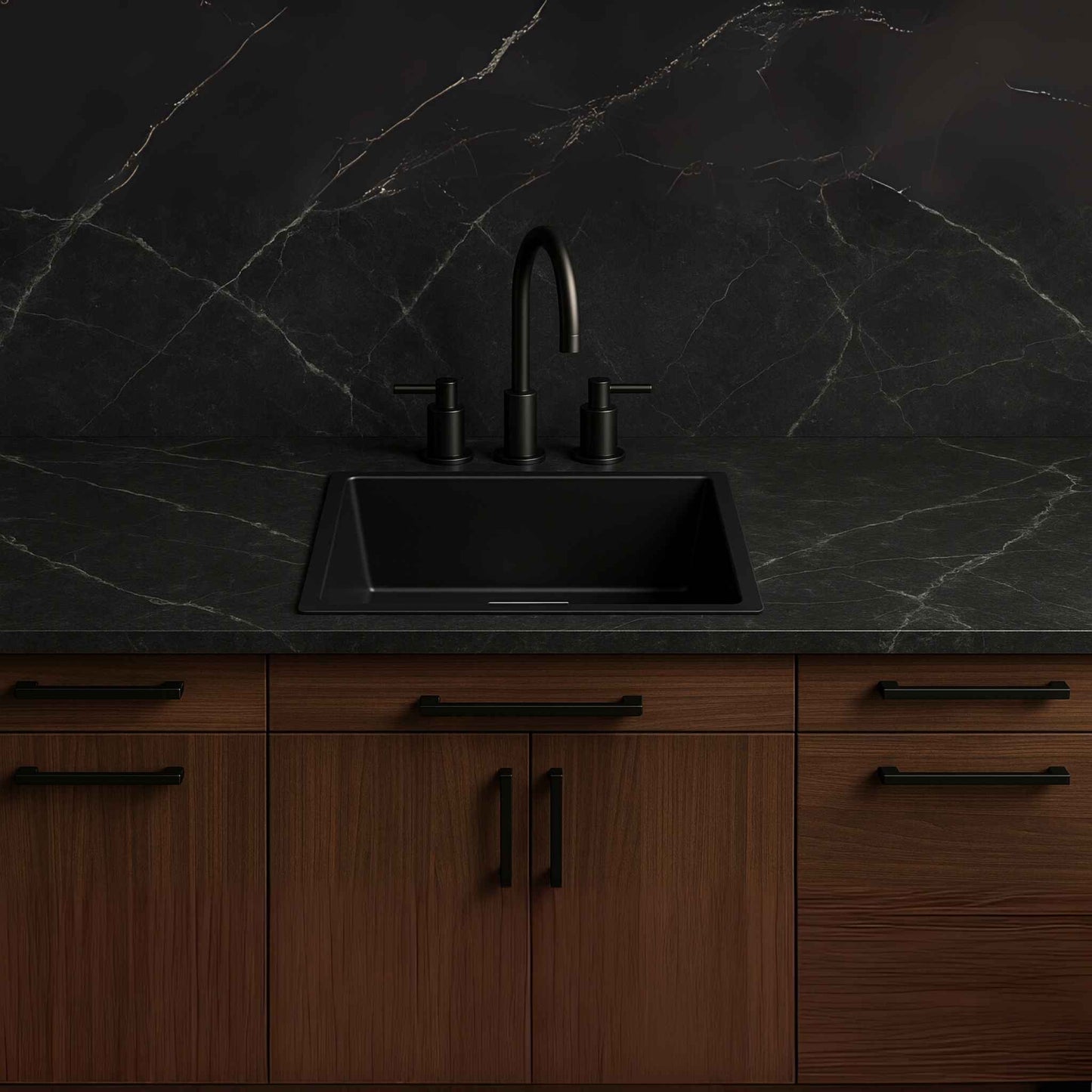 Front view of 18x21x9 black metallic kitchen sink with bold matte finish