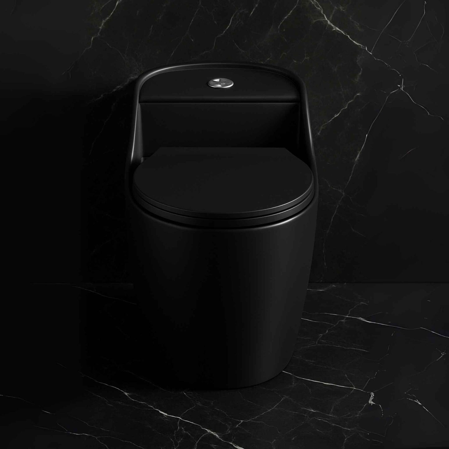 Front angle view of matte black one-piece toilet with dual flush