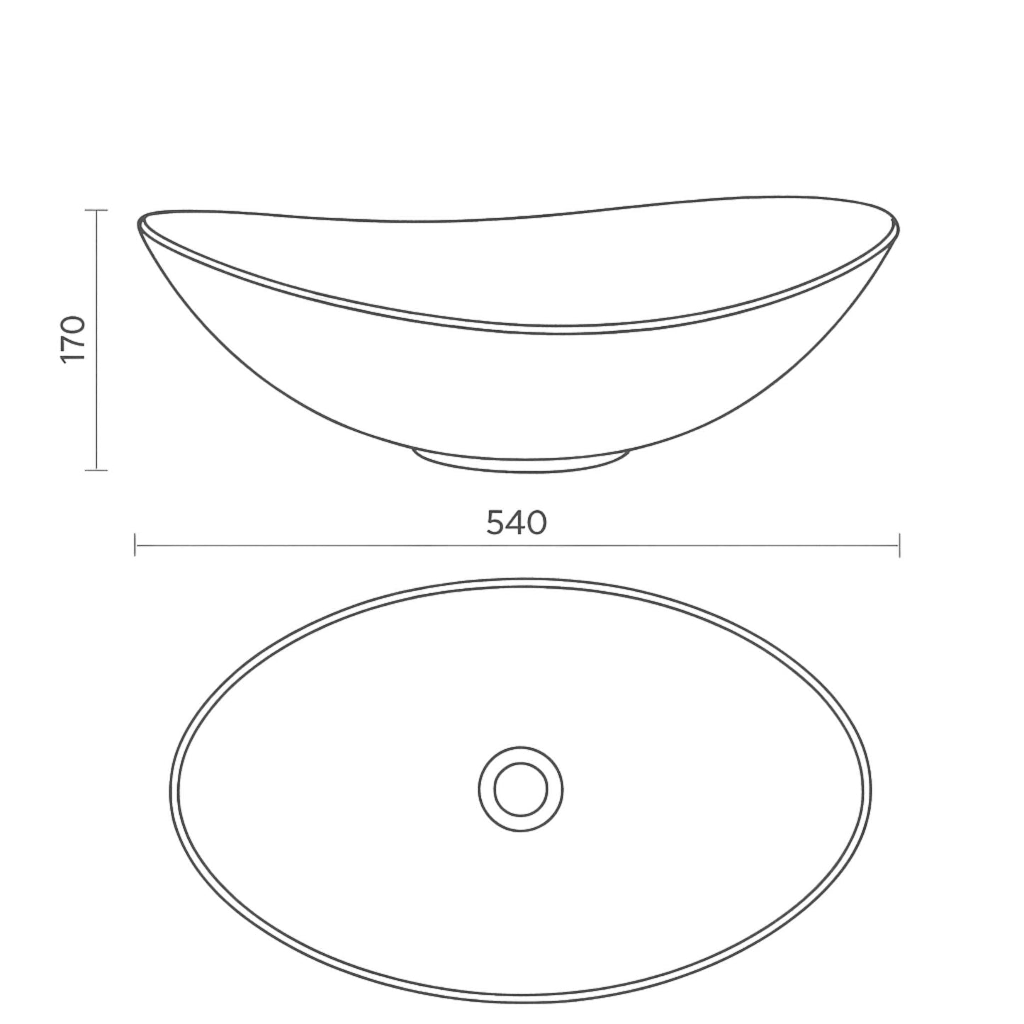 Technical drawing of EQCB:011 matte black wash basin showing 540x370x170mm oval dimensions