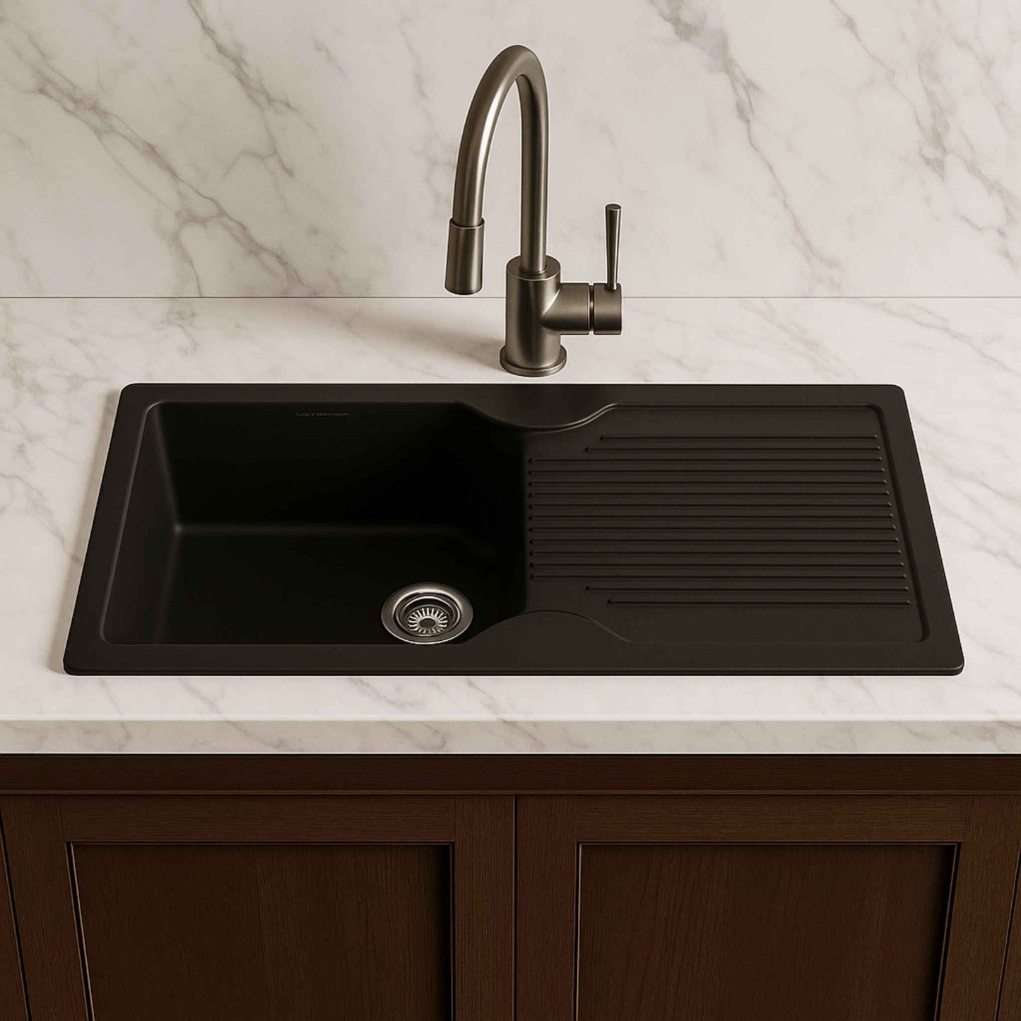 Front view of black granite composite kitchen sink in satvario marble kitchen