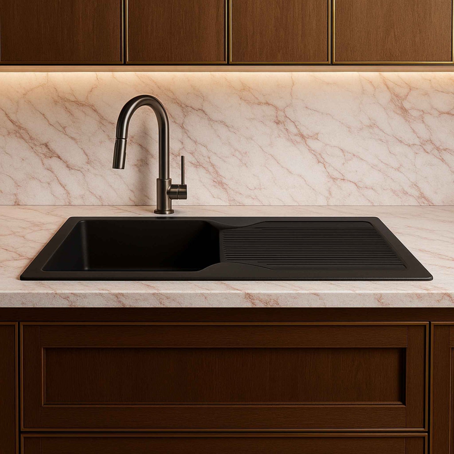 Black quartz sink placed in luxury kitchen with Jaipur white pink marble countertop