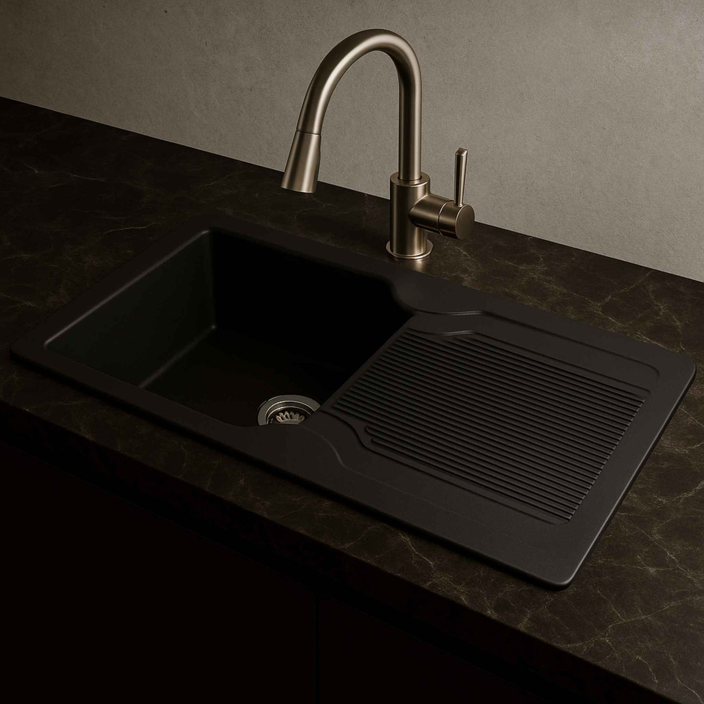 Side angle of 36x18 inch black quartz sink with modern kitchen setup