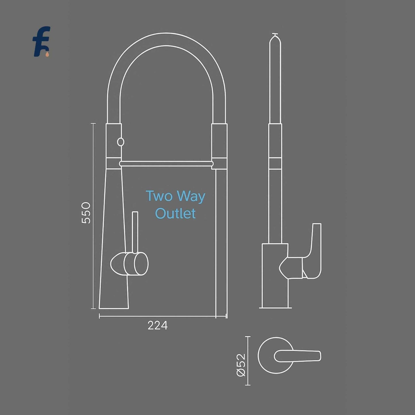 Dimension image of black rose gold kitchen faucet.