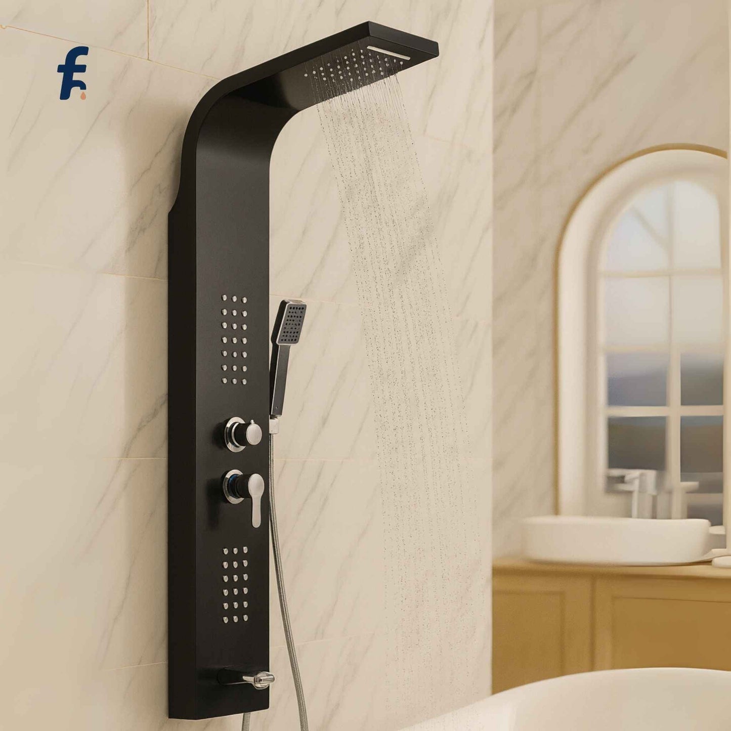 Black shower panel system mounted on a marble wall in a bathroom., Luxury matte black shower panel in modern bathroom with white marble