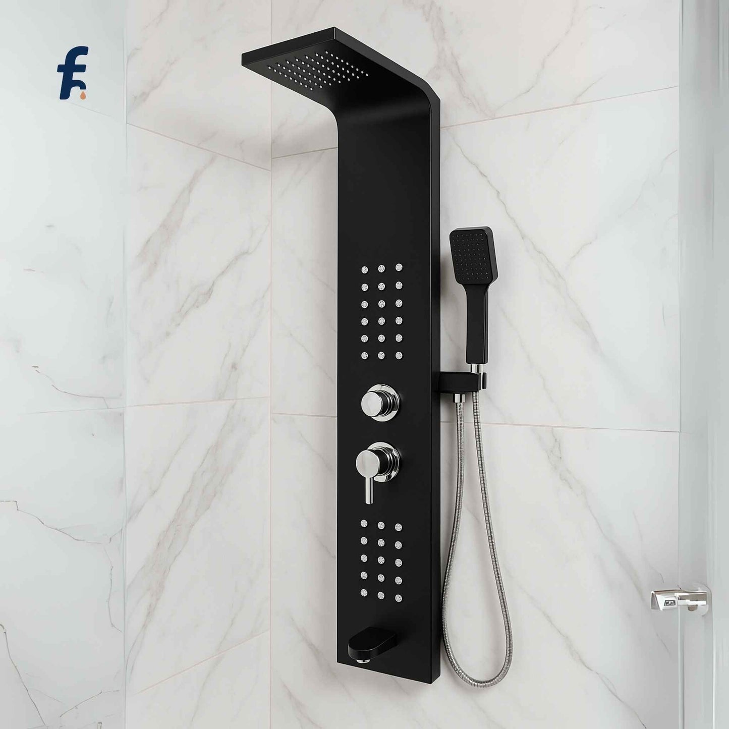 Black shower panel system mounted on a tiled wall, Top angle view of luxury black rainfall shower panel.