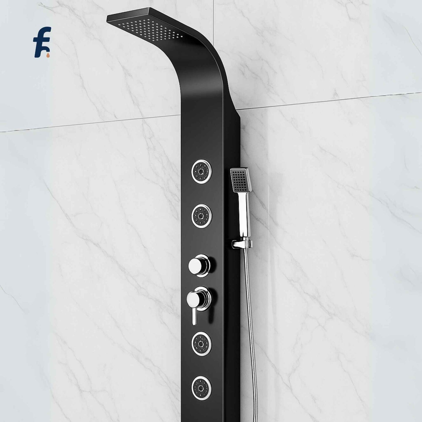 Black shower panel with multiple controls on a white tiled wall, Close-up of luxury matte black shower panel showing controls and jet