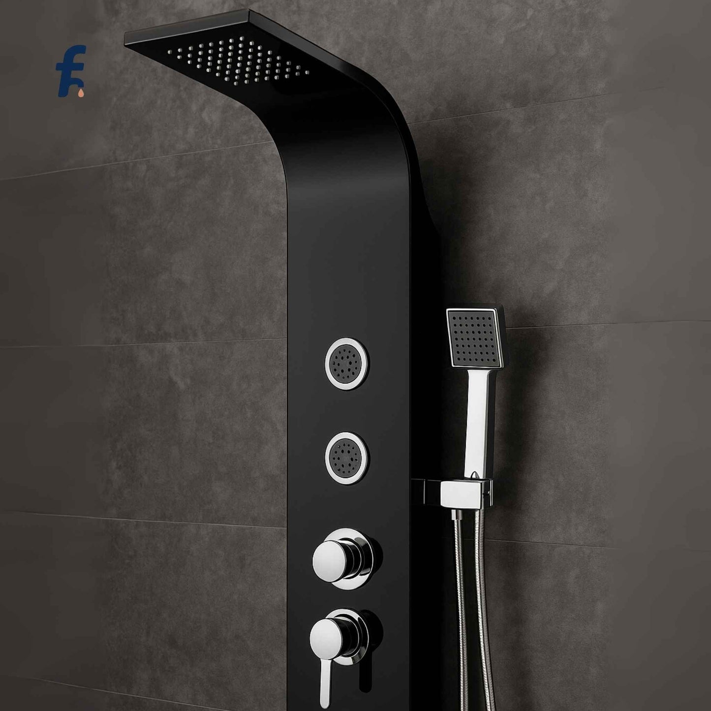 Black shower panel with multiple control buttons and a handheld shower head on a dark tiled wall. Front view of premium black shower panel with hand shower and body jets