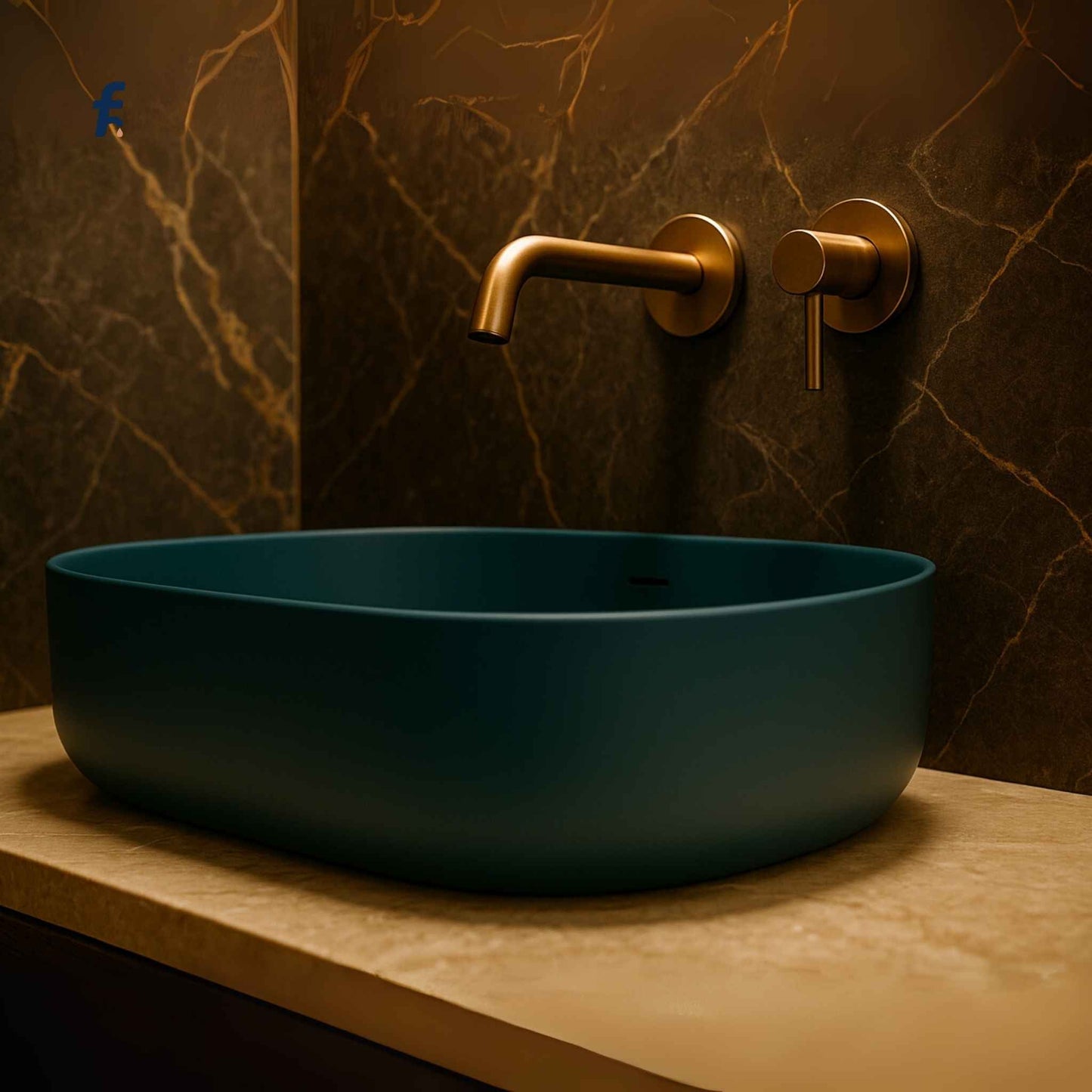Matte blue oval wash basin on marble counter