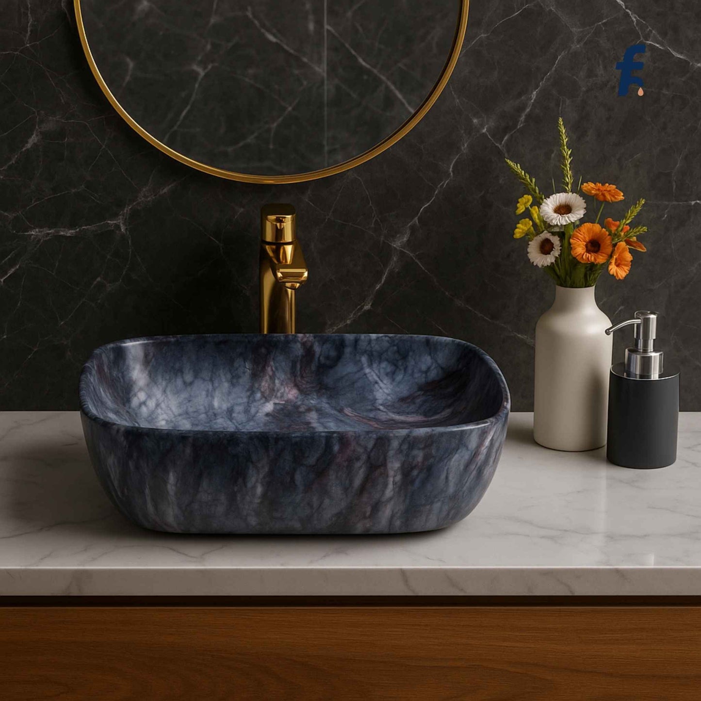 Marble sink with gold faucet, white vase with flowers, and black soap dispenser on a marble countertop,