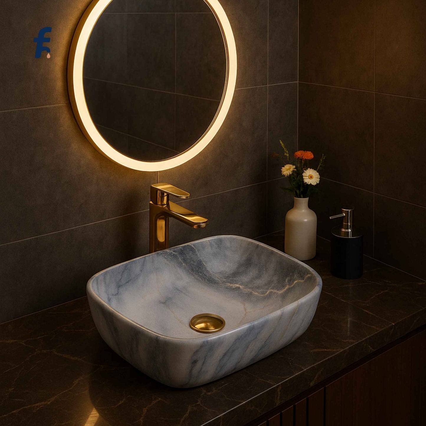 Bathroom vanity with marble sink, gold faucet, and illuminated round mirror. Front view of 18x13 ceramic wash basin with blue marble finish – Affordable Series