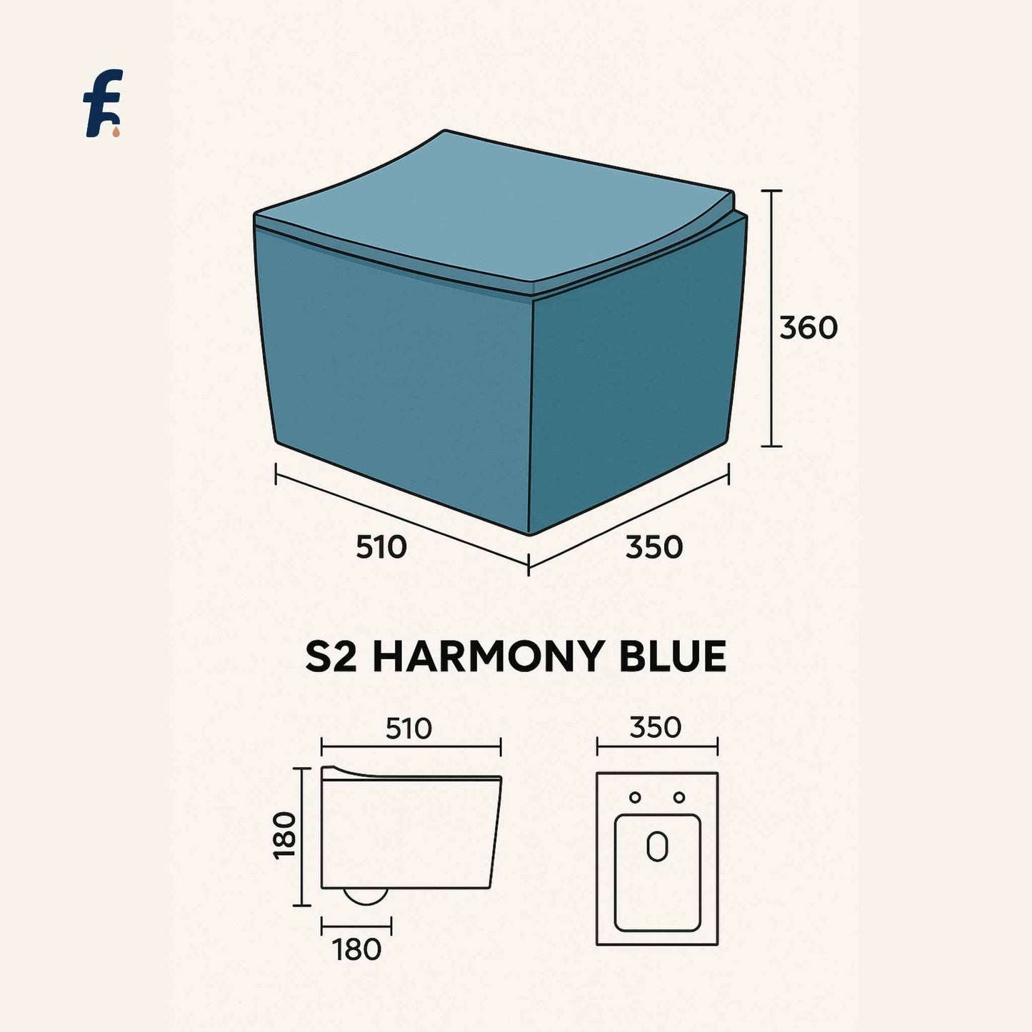 Blue wall-mounted toilet with dimensions labeled on a white background