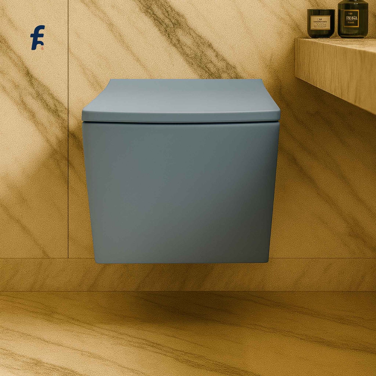 Front view of matte blue square wall hung toilet in luxury bathroom