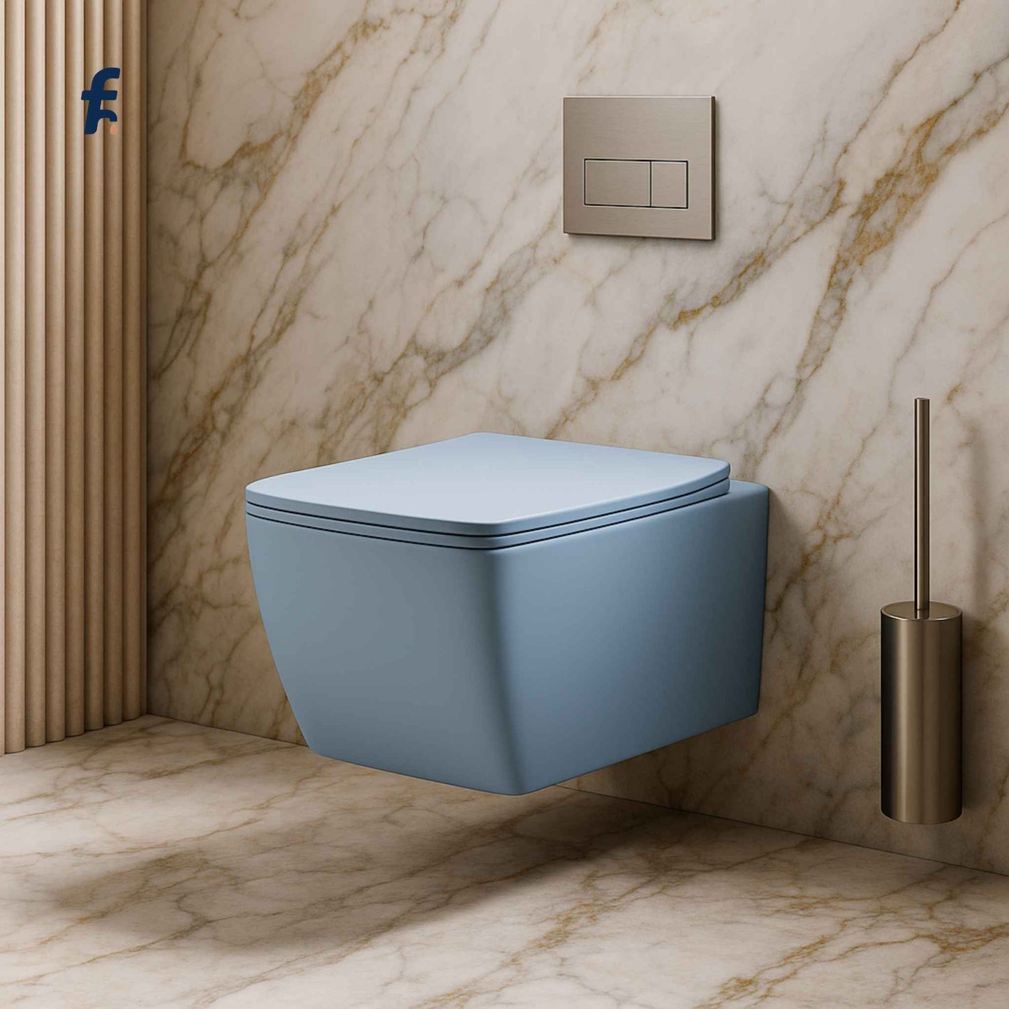 Side angle of designer matte blue wall mounted toilet with marble wall