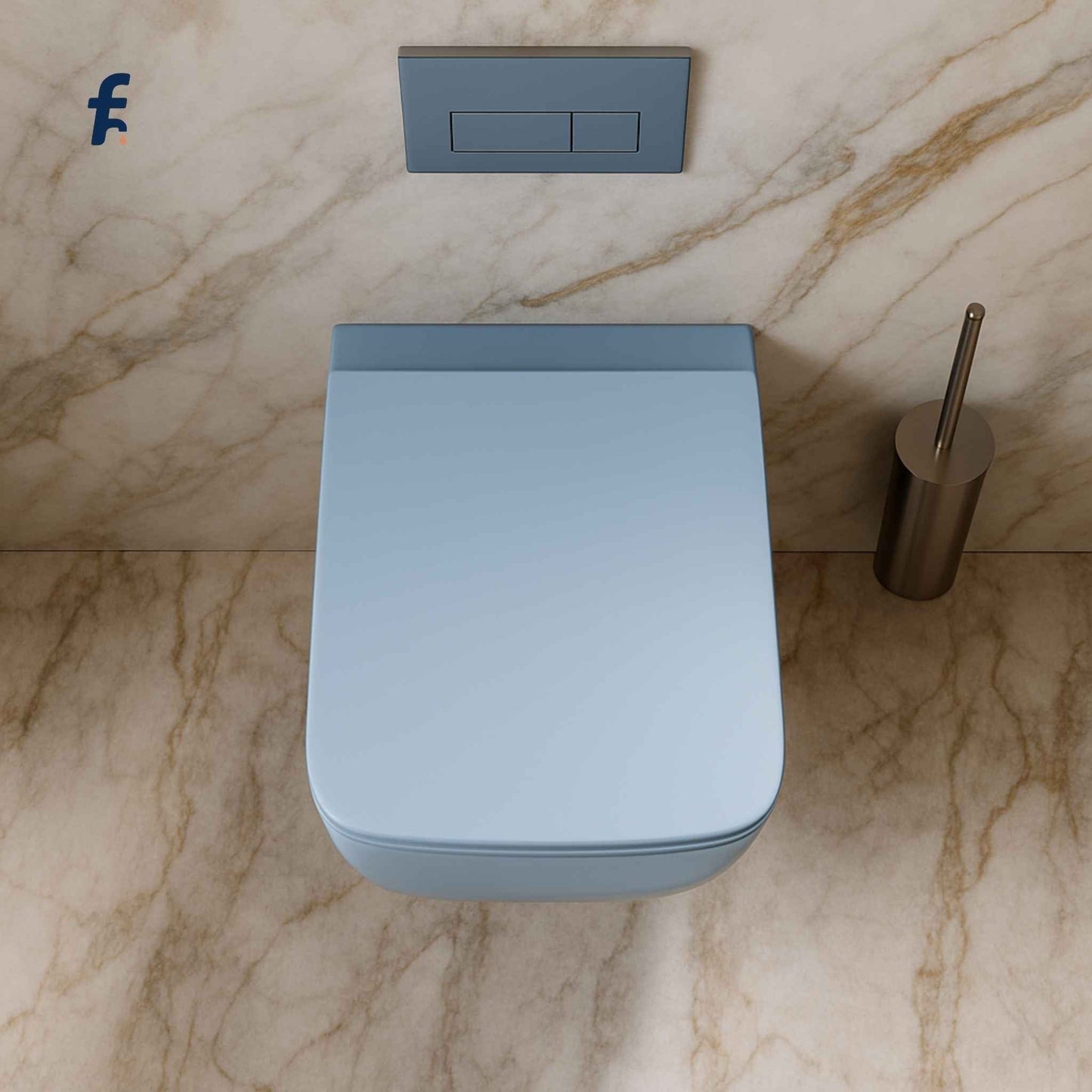 Top view of compact blue square toilet mounted on marble background