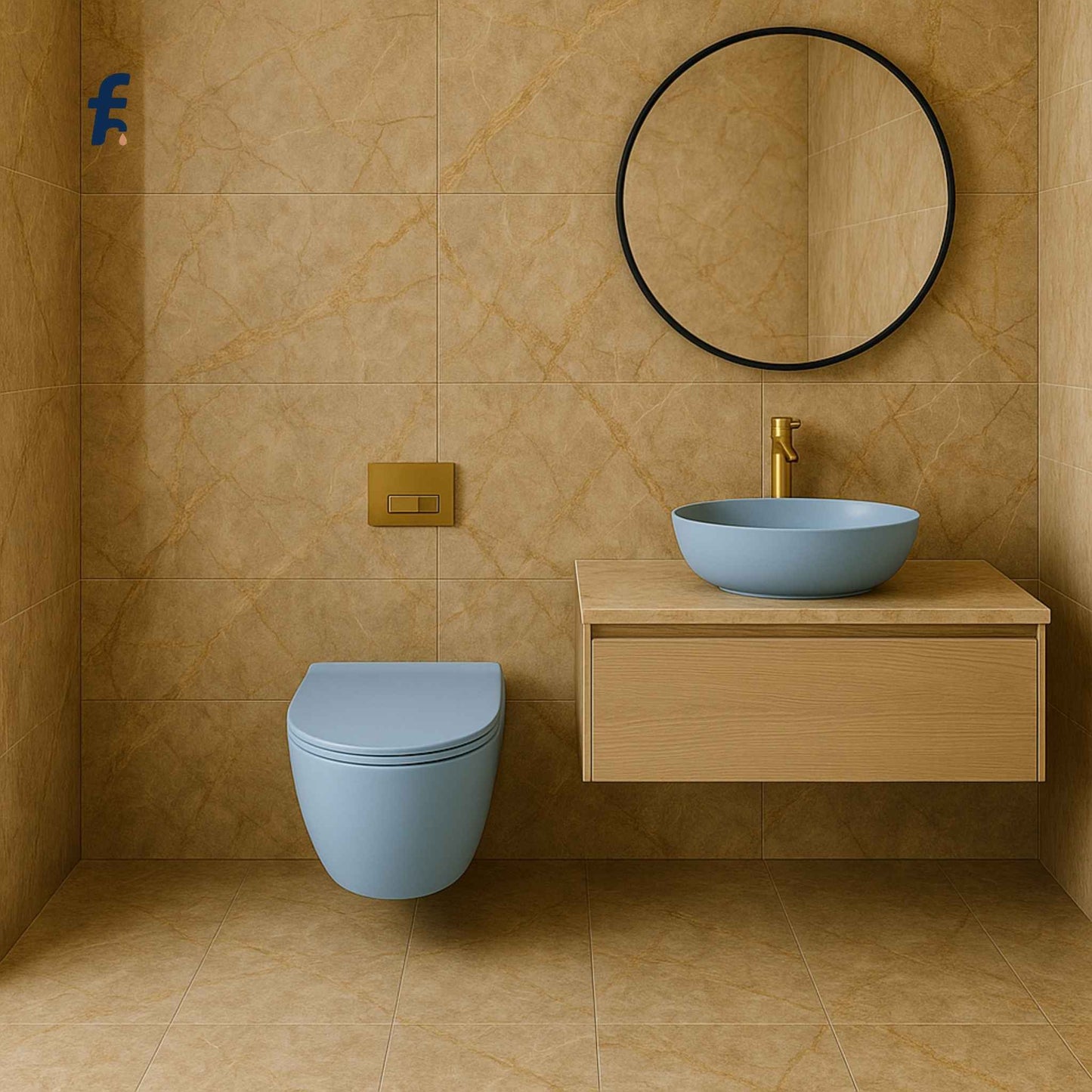 Bathroom with beige tiles, blue toilet, and sink, featuring a round mirror.