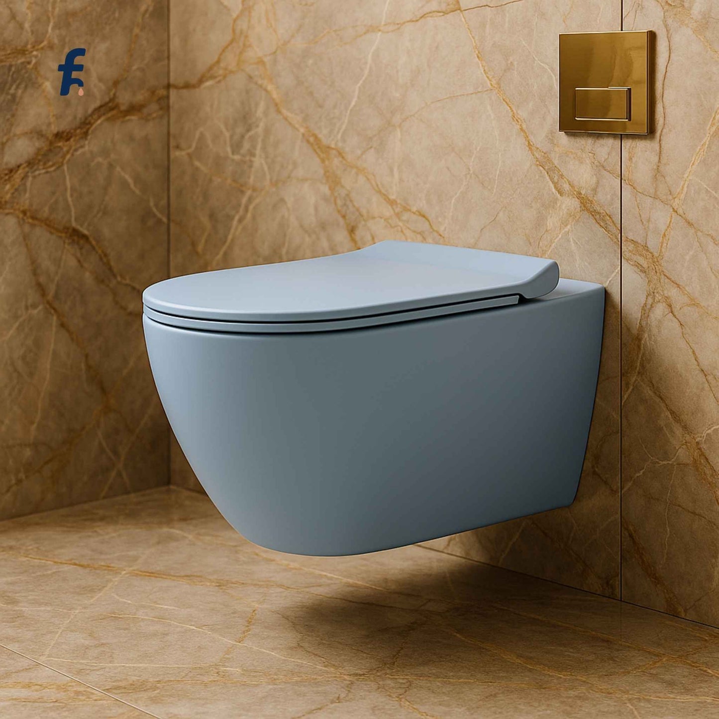 Blue wall-mounted toilet against a marble wall