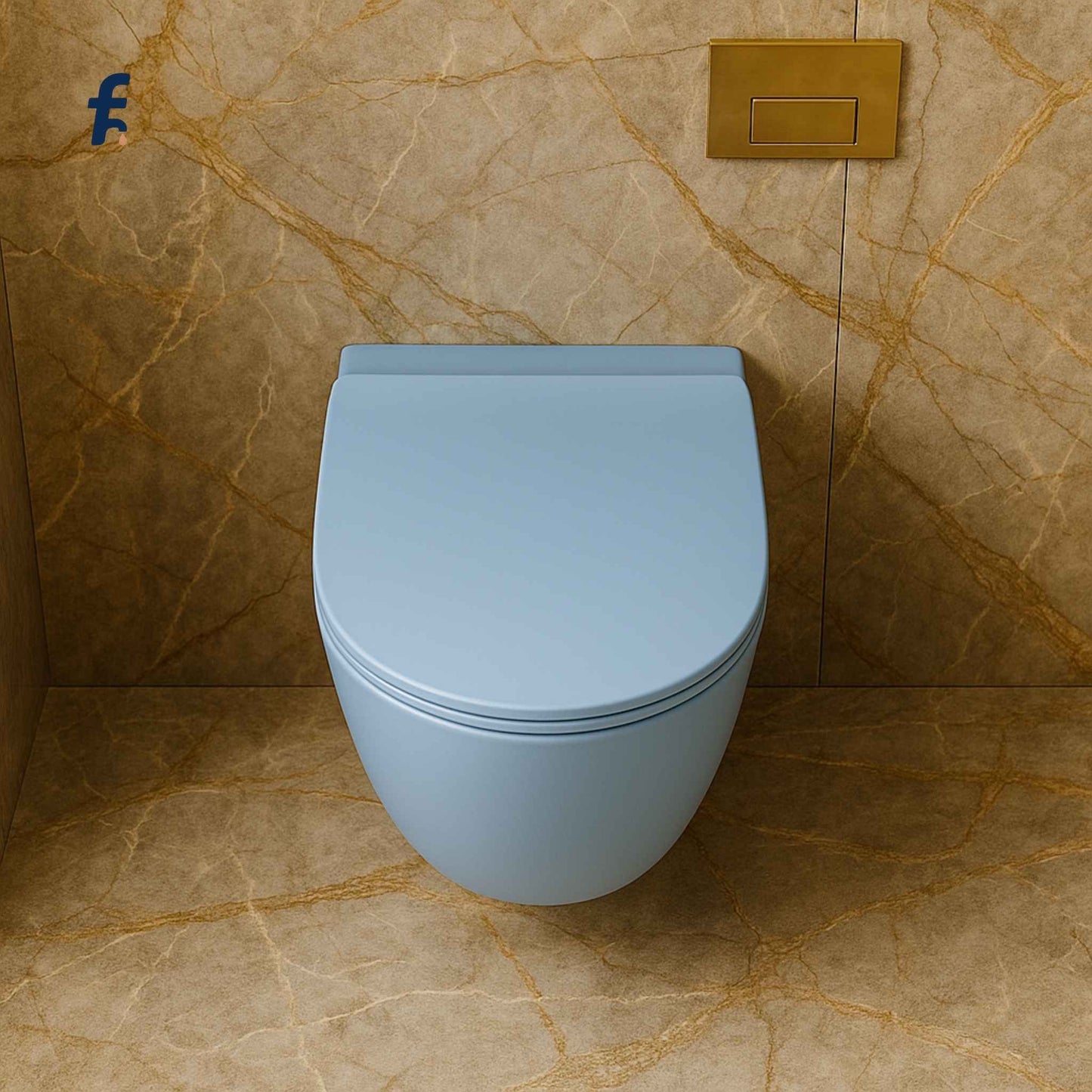 Top view of compact wall mounted blue toilet with gold flush plate