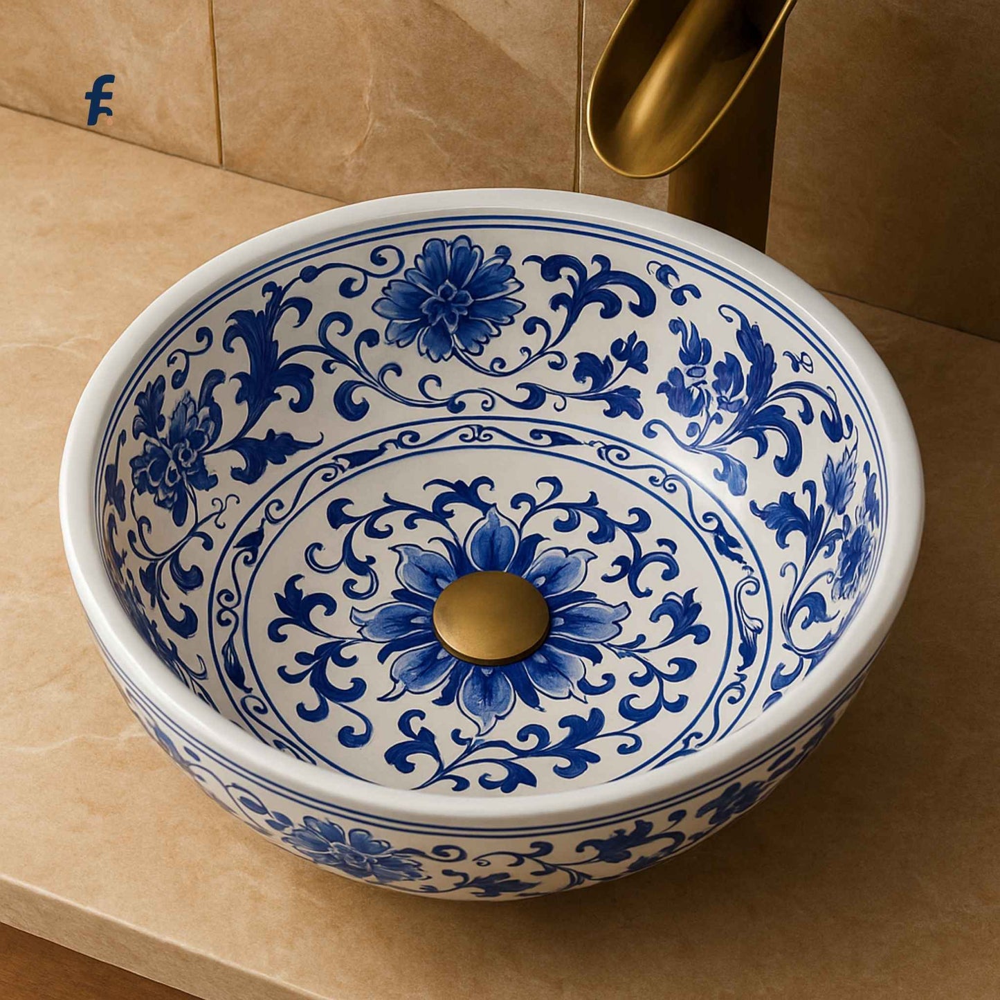 Decorative ceramic sink with blue floral patterns on a beige countertop.