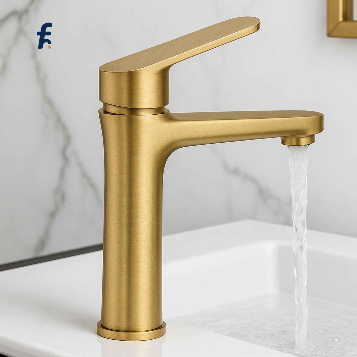 Gold faucet with water flowing on a white background