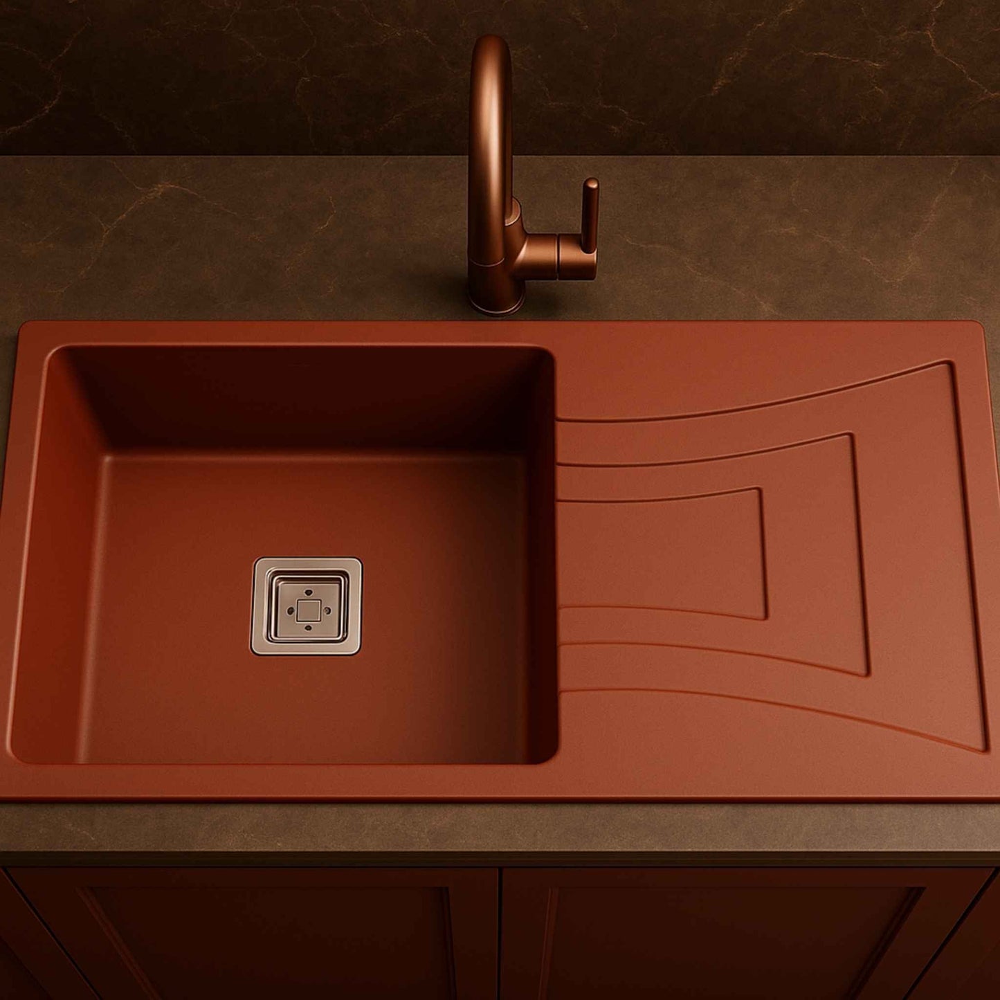 Top angle of brown granite kitchen sink with embossed drainboard and square waste coupling – 36x18x9 inch