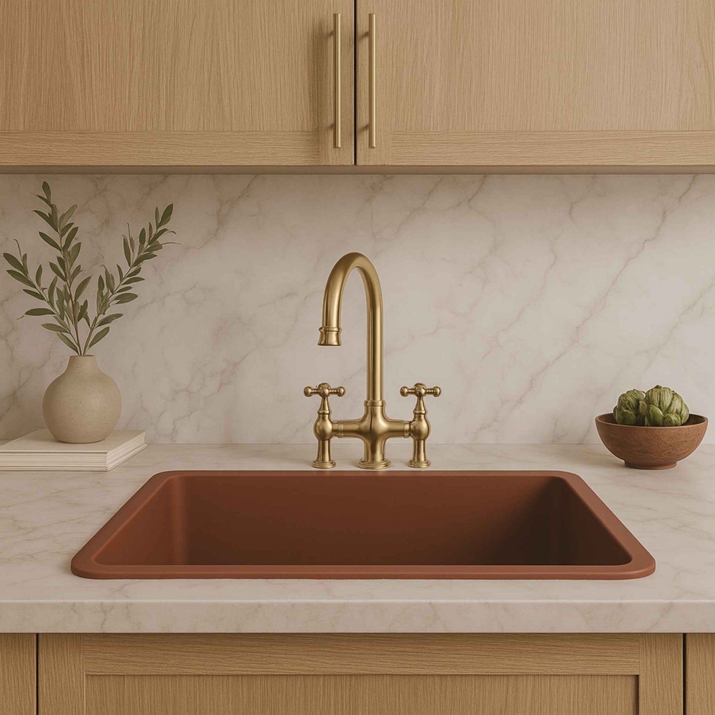 Copper kitchen sink with gold faucet in a modern kitchen setting