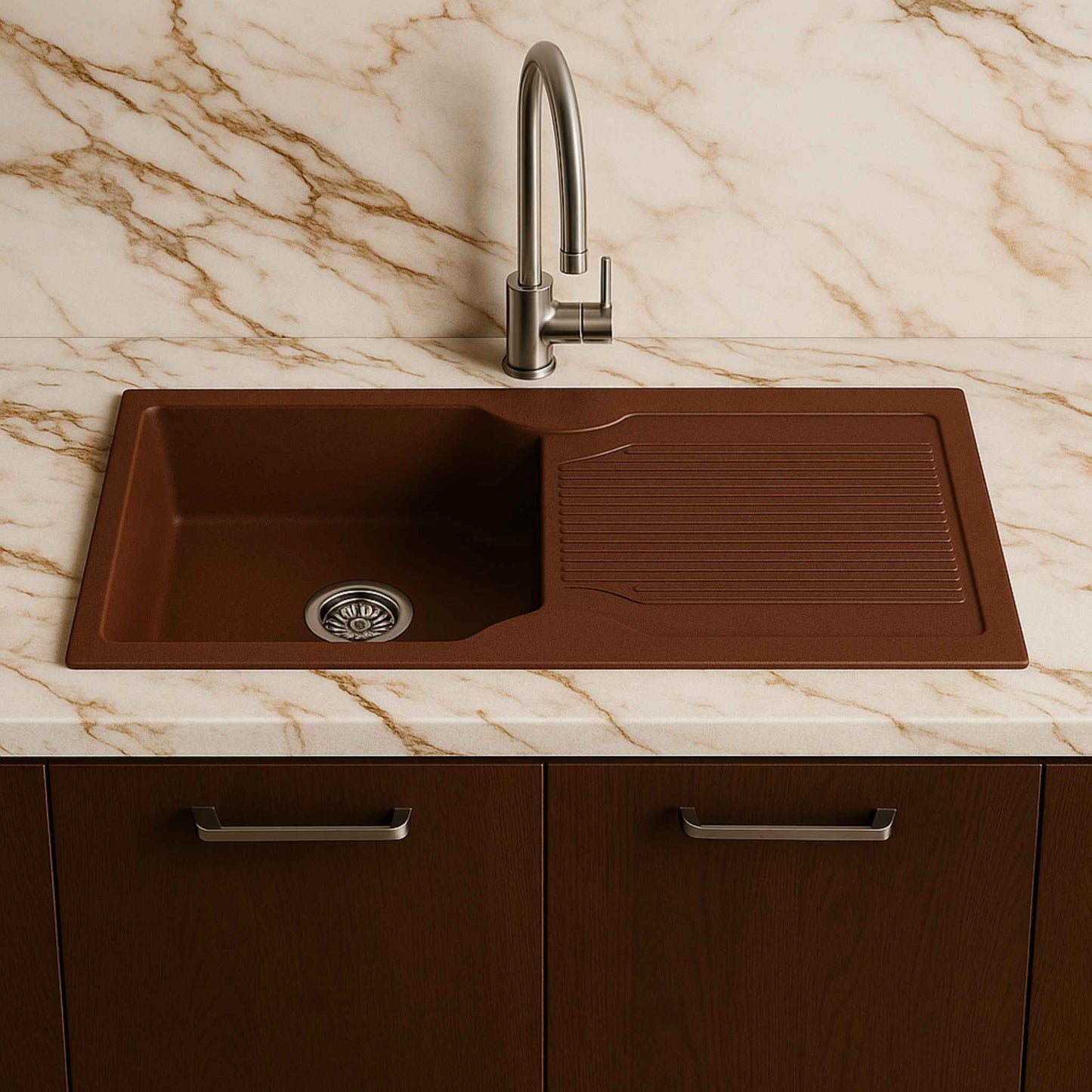 Brown granite quartz kitchen sink with drainboard – 36x18 inch front angle