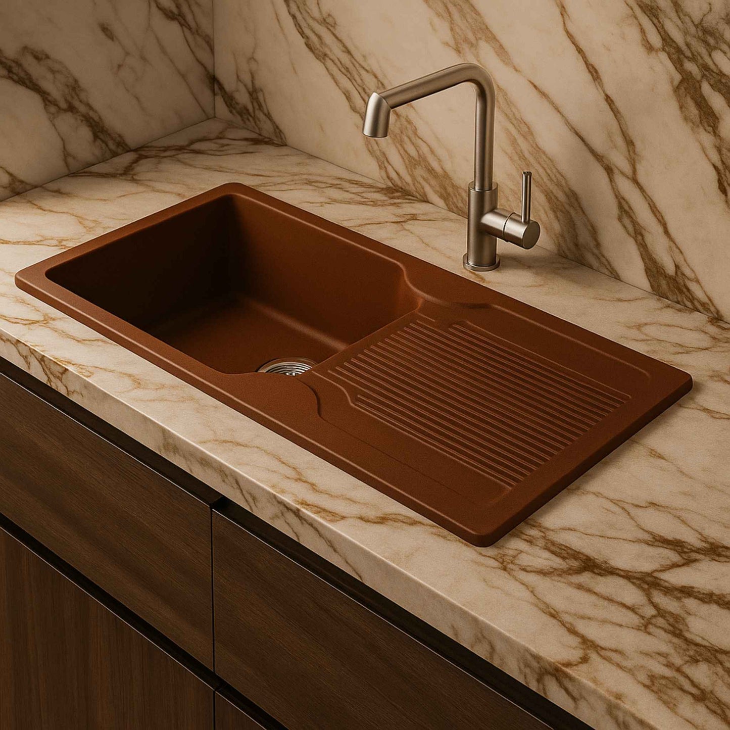 Brown granite quartz kitchen sink with drainboard – 36x18 inch full kitchen view