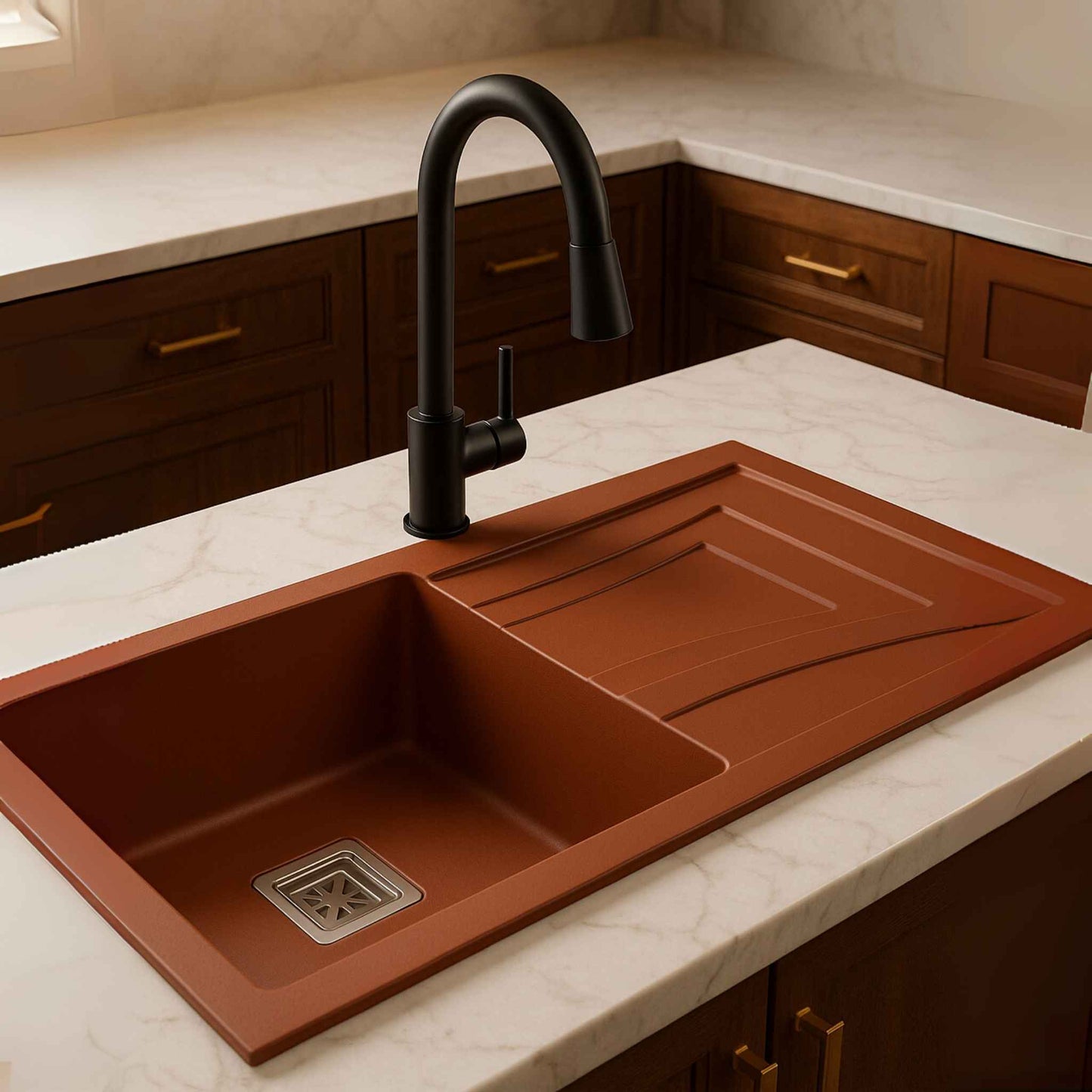 Close-up of brown quartz kitchen sink 36x18x9 inch with black pull-out faucet and drainboard