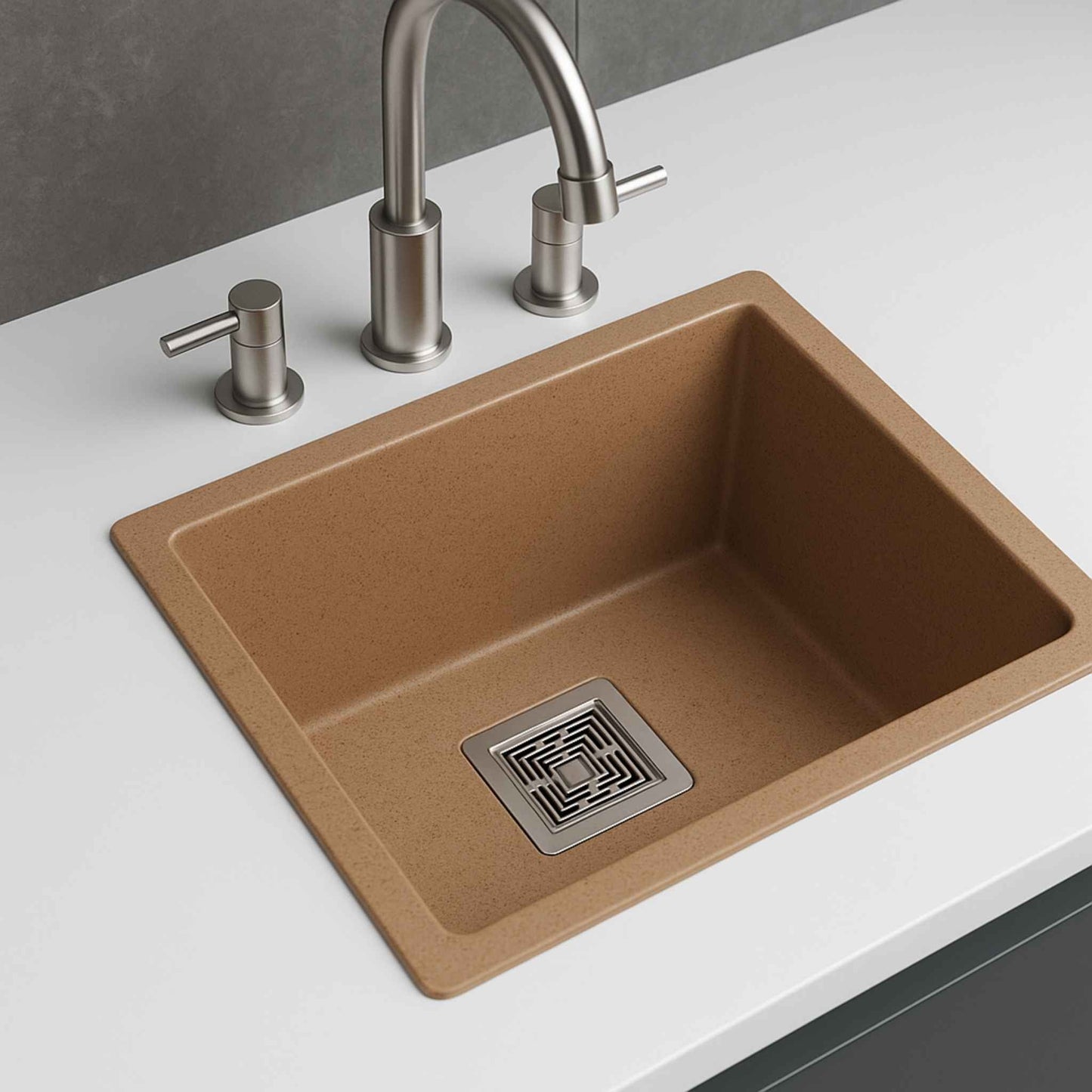 Side view of brown quartz kitchen sink placed against Italian marble in a premium kitchen setting