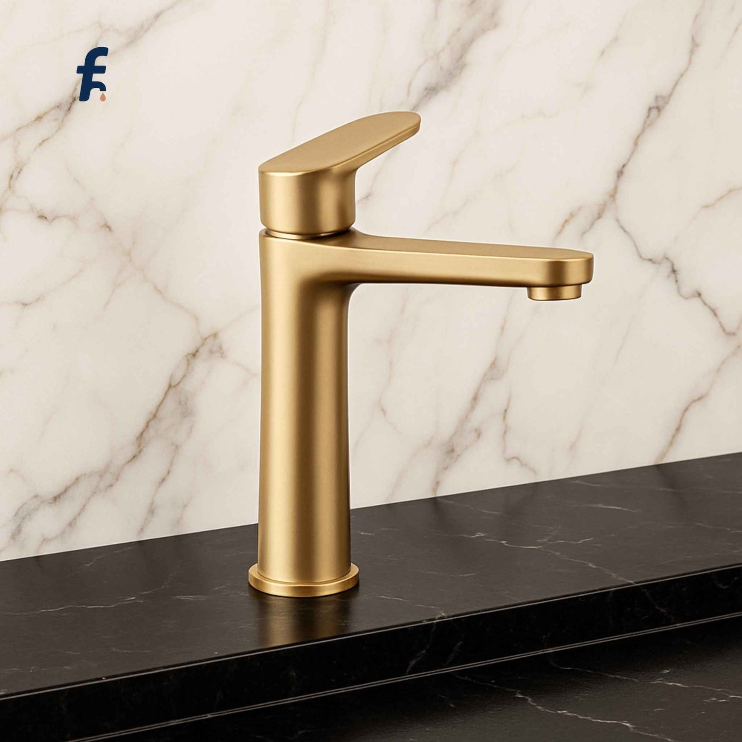 Gold faucet on a marble countertop with a marble background